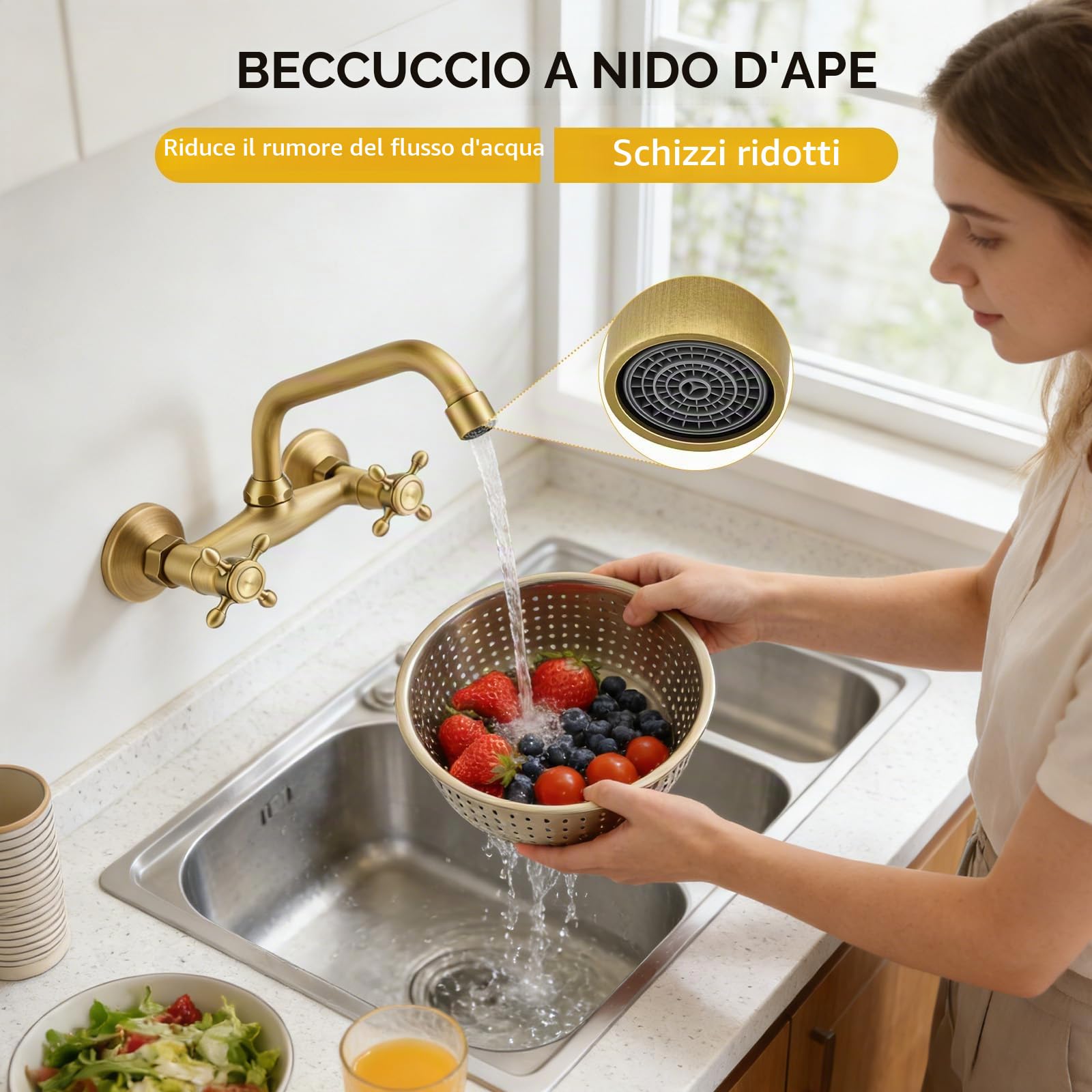 Rubinetto Cucina a Muro in Ottone Antico, Miscelatore Cucina Vintage con Bocca Girevole 360°, Doppia Manopola Acqua Calda e Fredda, Rubinetto Lavello a Parete per Bagno Cucina Lavanderia