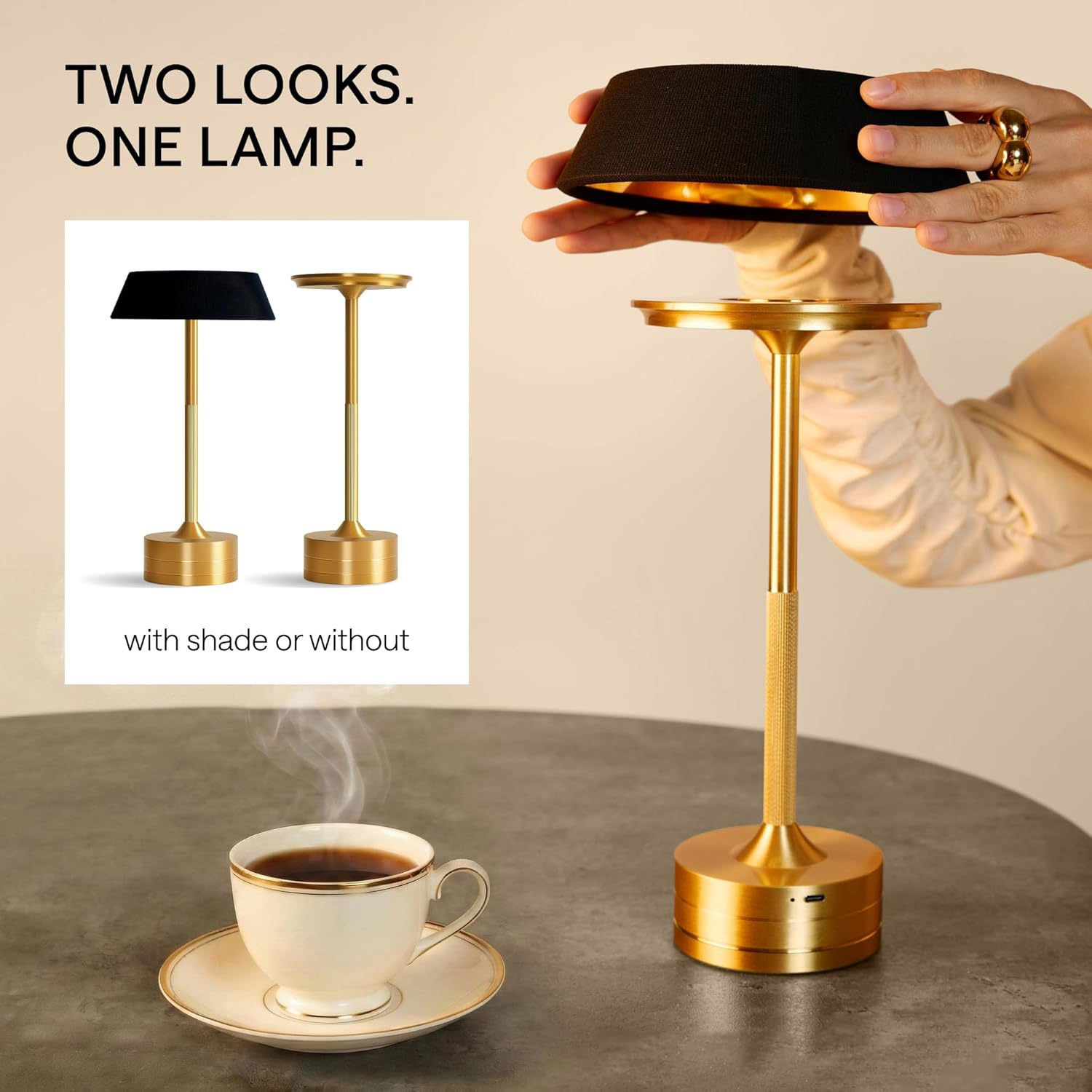 LED Cordless Table Lamp - Rechargeable Light for Home, Bedside, Kitchen - Small Dimmable Tap Lights - Battery Powered Touch Lamp for Desk Wireless - Black and Gold Lamp Shades (Gold, Pack of 2)