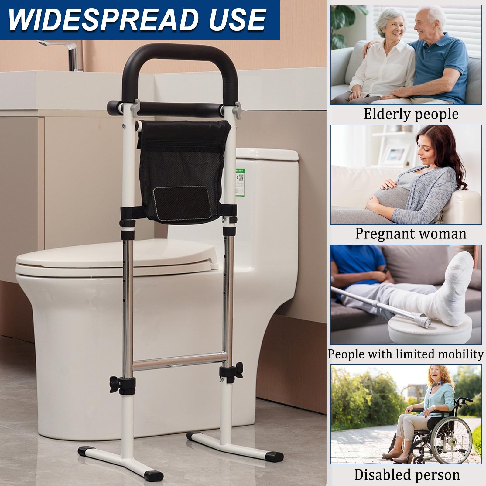 Supporto per alzarsi per anziani, regolabile in altezza per anziani, supporto per alzarsi per letto, WC, divano, regolazione in altezza a 5 livelli con lampade e sacchetti, capacità di carico 130 kg