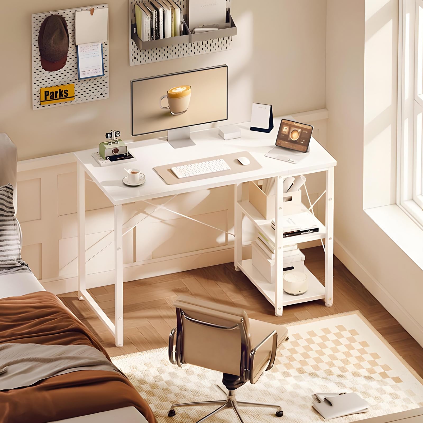 ODK Scrivania Ufficio, 100x48cm Tavolo con Ripiani Reversibili, Scrivania Ufficio con ripiani regolabili in altezza, Scrivania Computer Ideali per la casa e gli Spazi Ridotti, Bianco