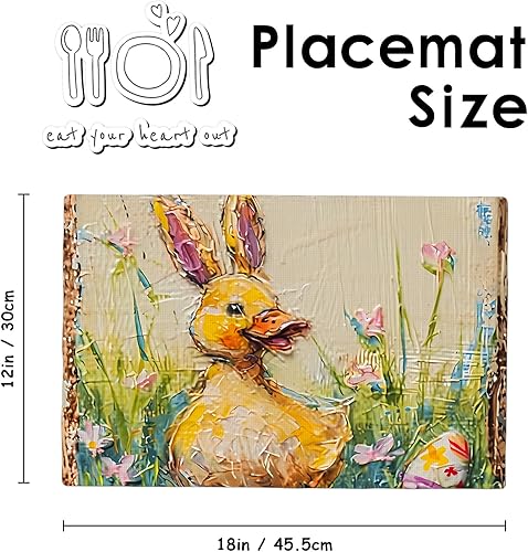 Miniatura 2 de Manteles individuales rectangulares de Pascua, pintura al óleo, orejas de conejo, huevos de pato florales, botánicos, multilino, resistentes a las