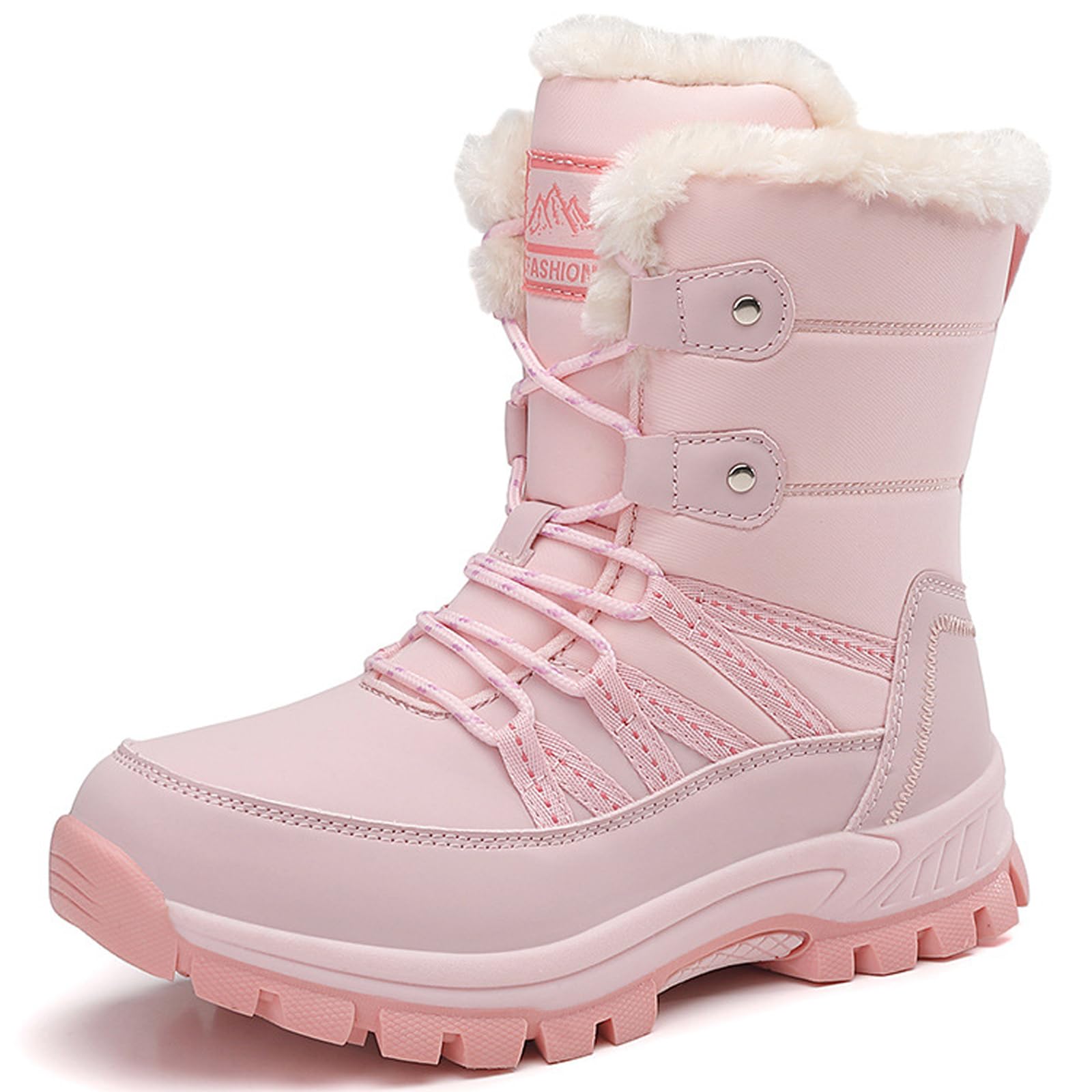 Womens Waterproof Platform Fuzzy Snow Boots With Adjustable Lace Up Classic Round Toe Comfortable Warm Fur Non-Slip Combat