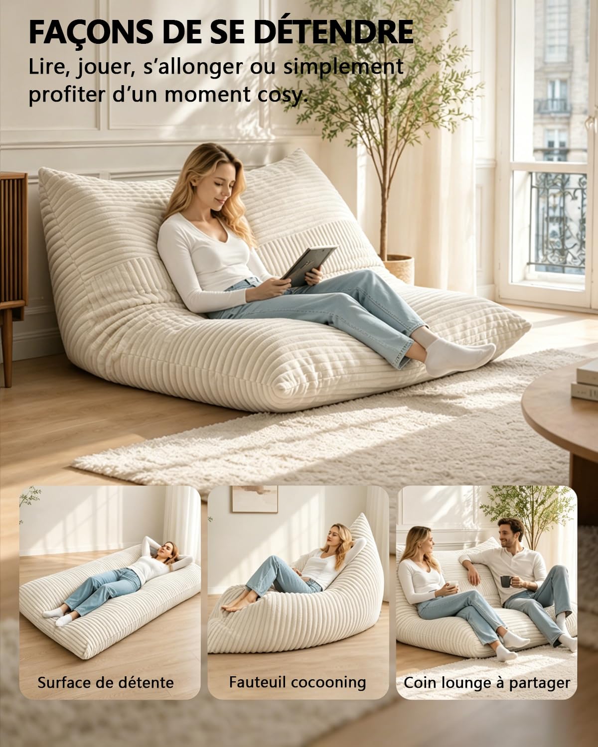 Combet Pouf Géant XXL Fauteuil Adulte, Salon Chambre, Beige