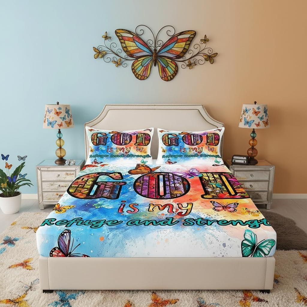 Bible Verses Christian Quotes Fitted Sheet Queen Size,Rainbow Tie Dye Bedding Set for Kids Teens Women Men Room Decor,Watercolor Butterfly Floral Bed Sheet Fashion Deep Pocket Sheet,2 Pillowcases