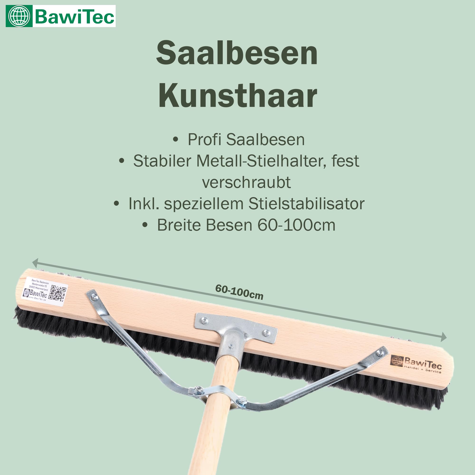 Profi Saalbesen 60cm mit Stiel 160cm weiche Kunsthaar Borsten Besen Stabi | Spezieller Stielstabilisator/Zusatzhalterung, Besenstiel Ø28mm, Weiche Feine Kunsthaar-Poly-Borsten