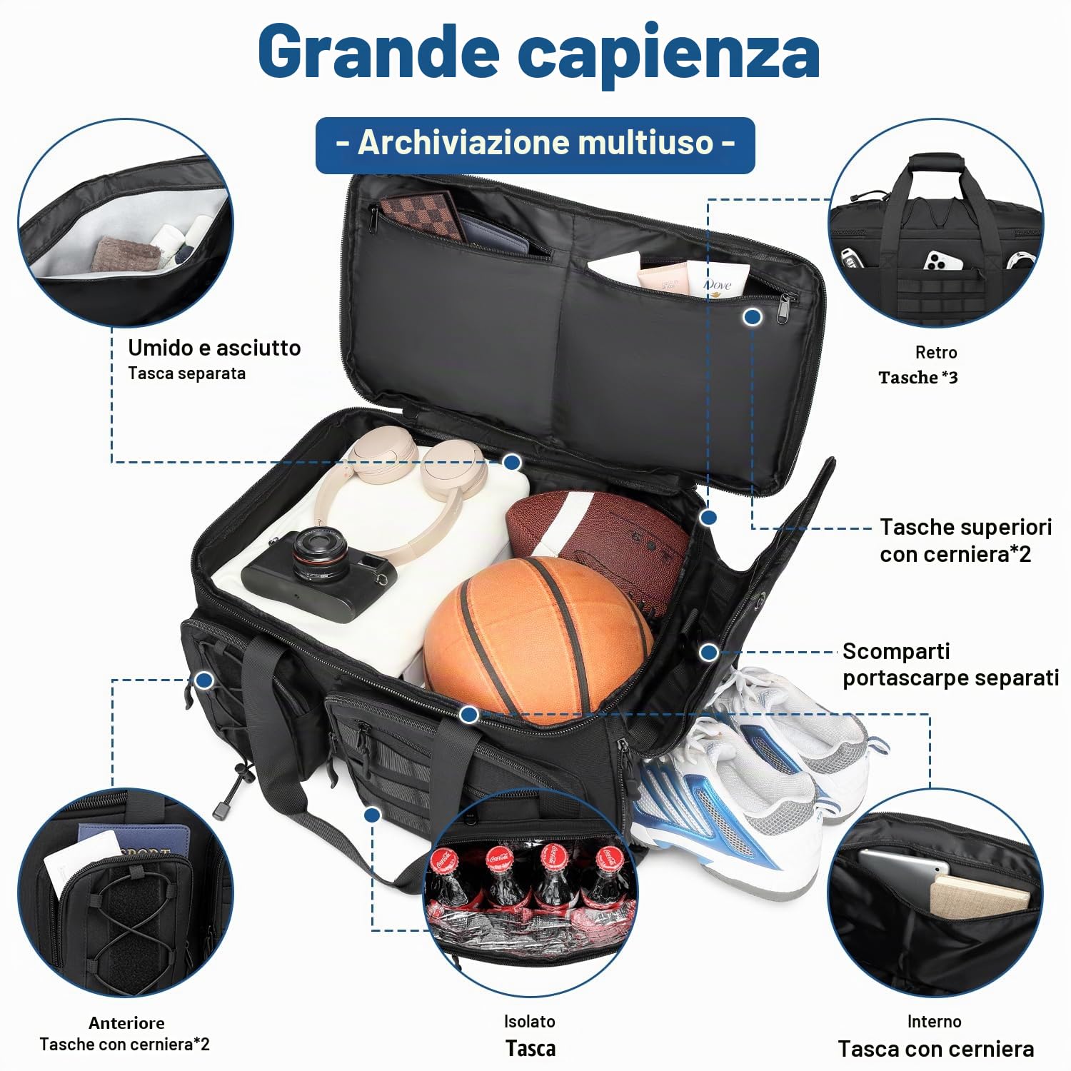 Borsa da Viaggio 3 in 1 per Uomo e Donna, 50L tattica Zaino per sport con scomparto per scarpe per Palestra Nuoto Weekender