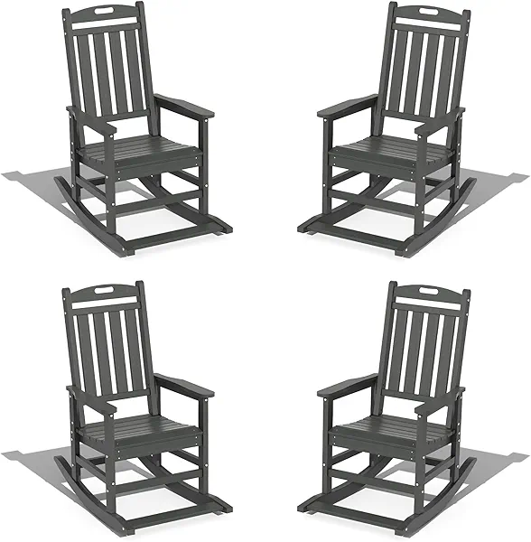 LOUNZY Outdoor Rocking Chair with Footboards Set of 4, HDPE Rocking Chair Patio Porch Rocker with 380lbs Support for Adult, Grey Set of 4 Grey