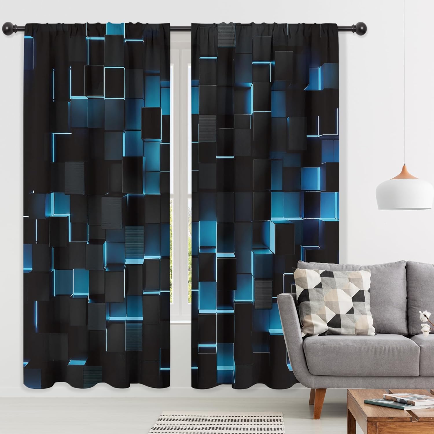 Riyidecor Navy Blue Black 3D Curtains Brick Wall Abstract Gradient Design Futuristic Cubes Rod Pocket Geometric Plaid Cool Bedroom Living Room Treatment Fabric 2 Panels 52Wx84H Inch