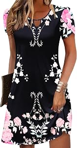 Zeagoo Women's Casual A-Line Dresses with Pockets Summer Floral Tshirt Dress Short Sleeve Mini Dress Flowy Sundresses