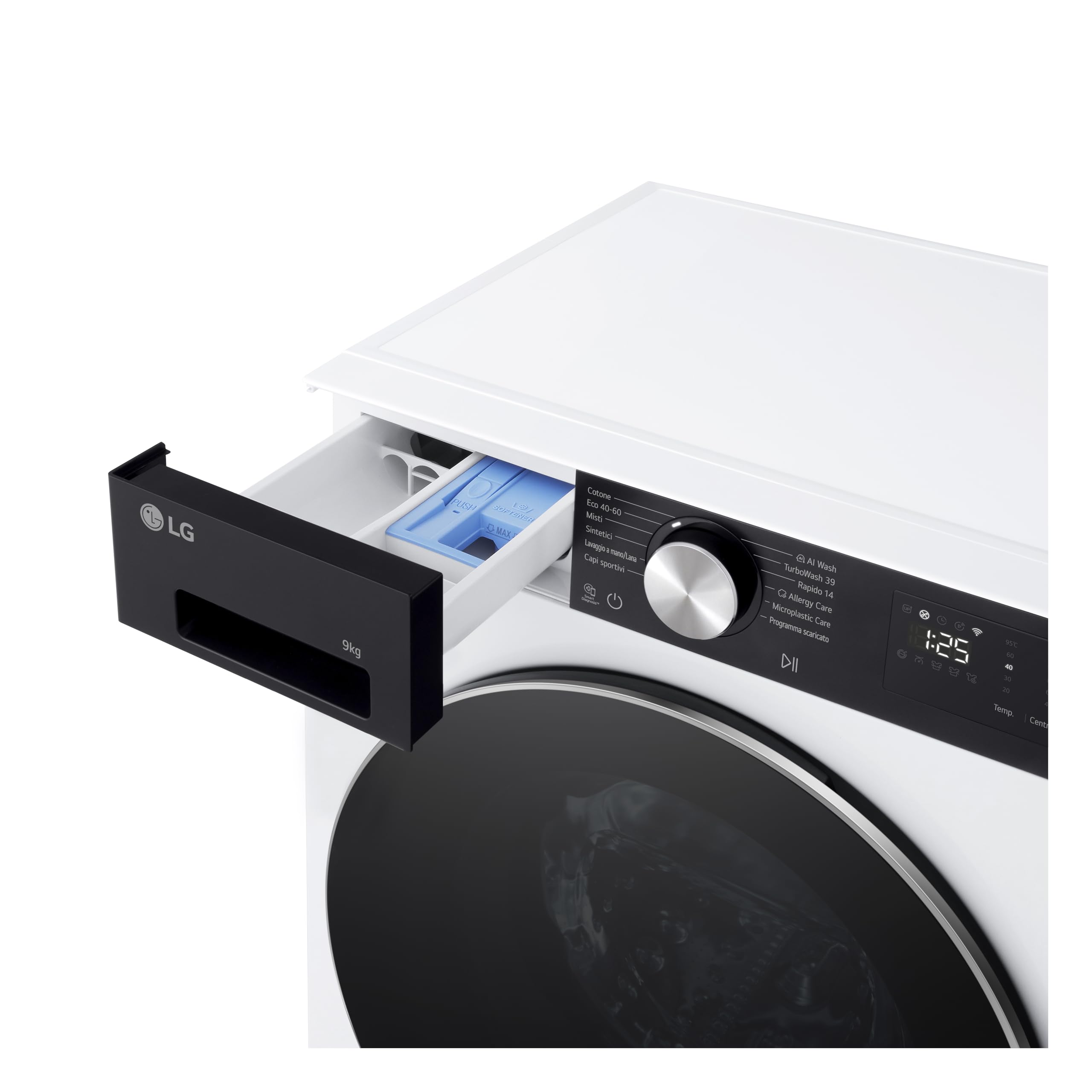 LG F2NX50S9TKC Lavatrice Slim 9 kg Next AI DD, Classe A -30%, 1200 Giri, Programma AI Wash con Intelligenza Artificiale, Wi-Fi, Allergy Care, TurboWash 360, Serie X5, White Black Pannel e Silver Knob