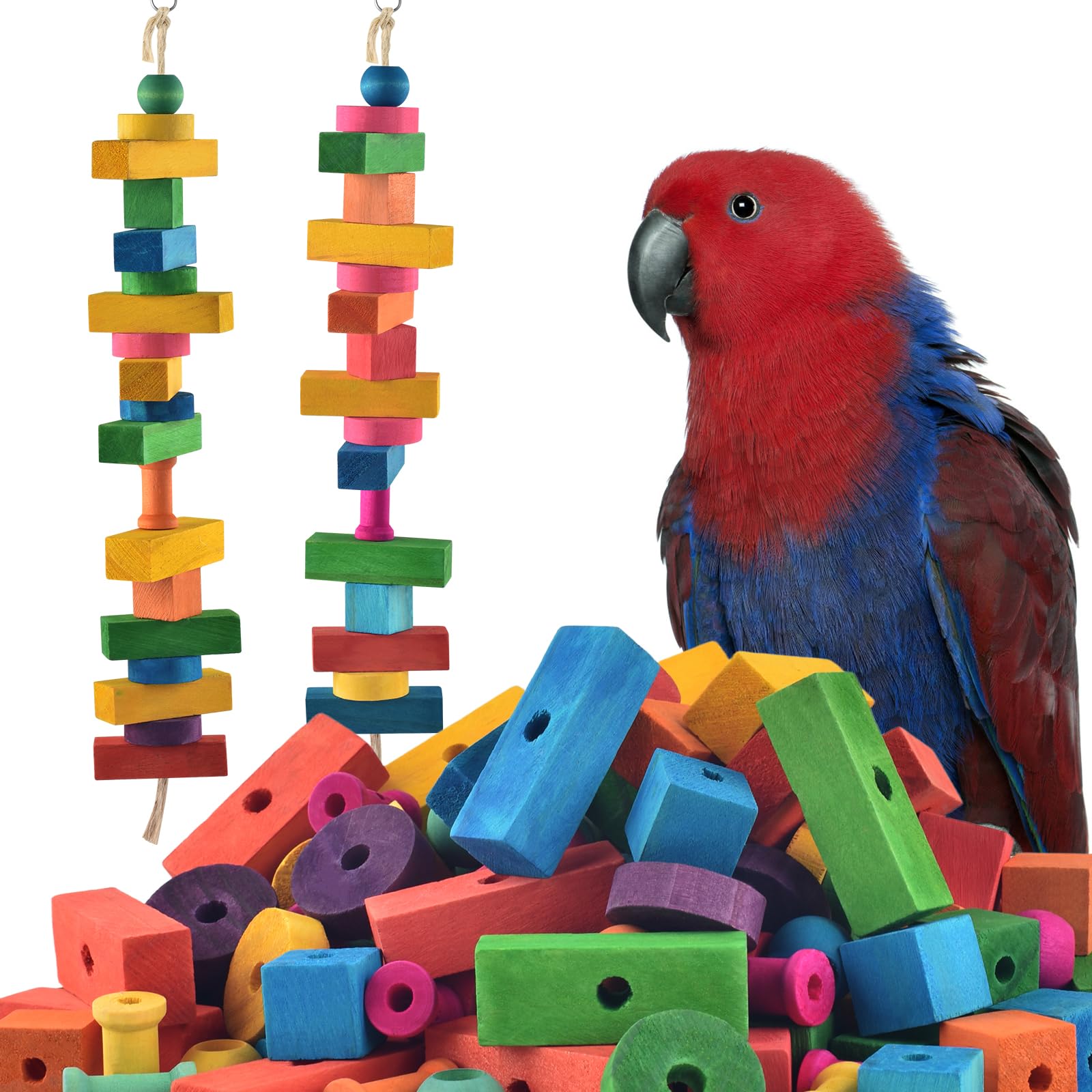 DBNESS Bird Toys for Parrot, 165 Pcs Colorful Multi-Shaped DIY Wooden Blocks Craft, Birds Cage Chewing Playing Training Toy for Cockatoos, Macaws, African Grey and Small Medium Parrots