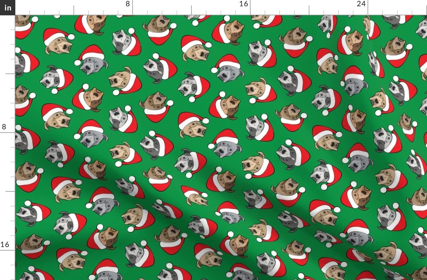 Spoonflower Fabric - Santa Hats Christmas Dogs Green Red Bull Pitbull Printed on Organic Cotton Sateen Fabric by The Yard - Sewing Quilting Apparel Home Decor