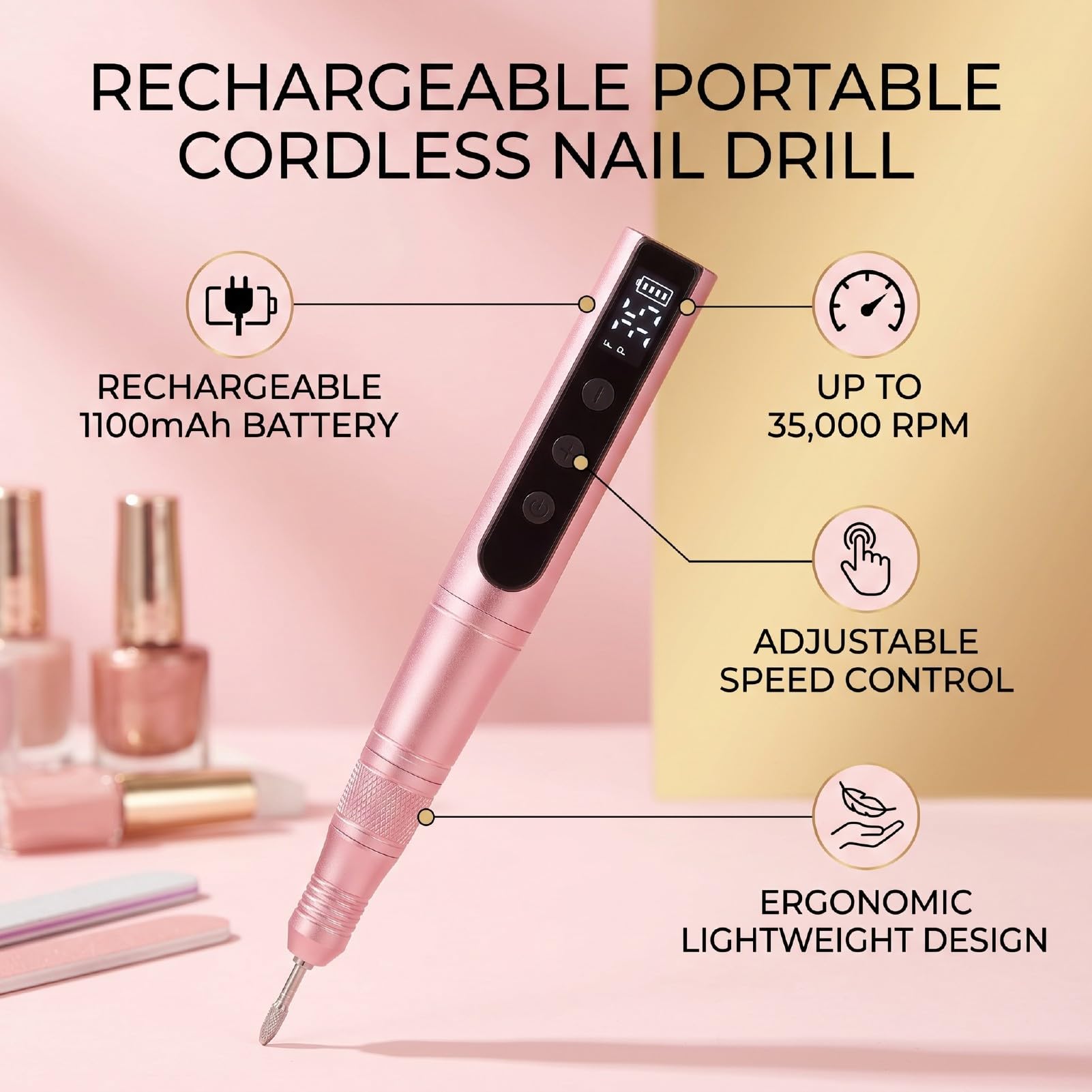Tbest Taladro de Uñas Inalámbrico con Velocidad Ajustable (PINK)