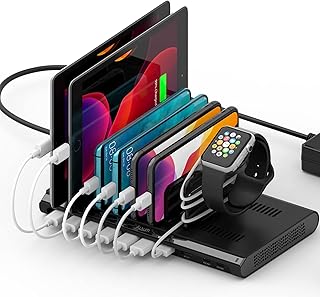 Alxum 10 Porte tavoletta Stazione di Ricarica, 96W Caricatore USB Multiplo con divisori Staccabili, Include 2 Porte QC 3.0 e 2 Porte Tipo c PD, Nero