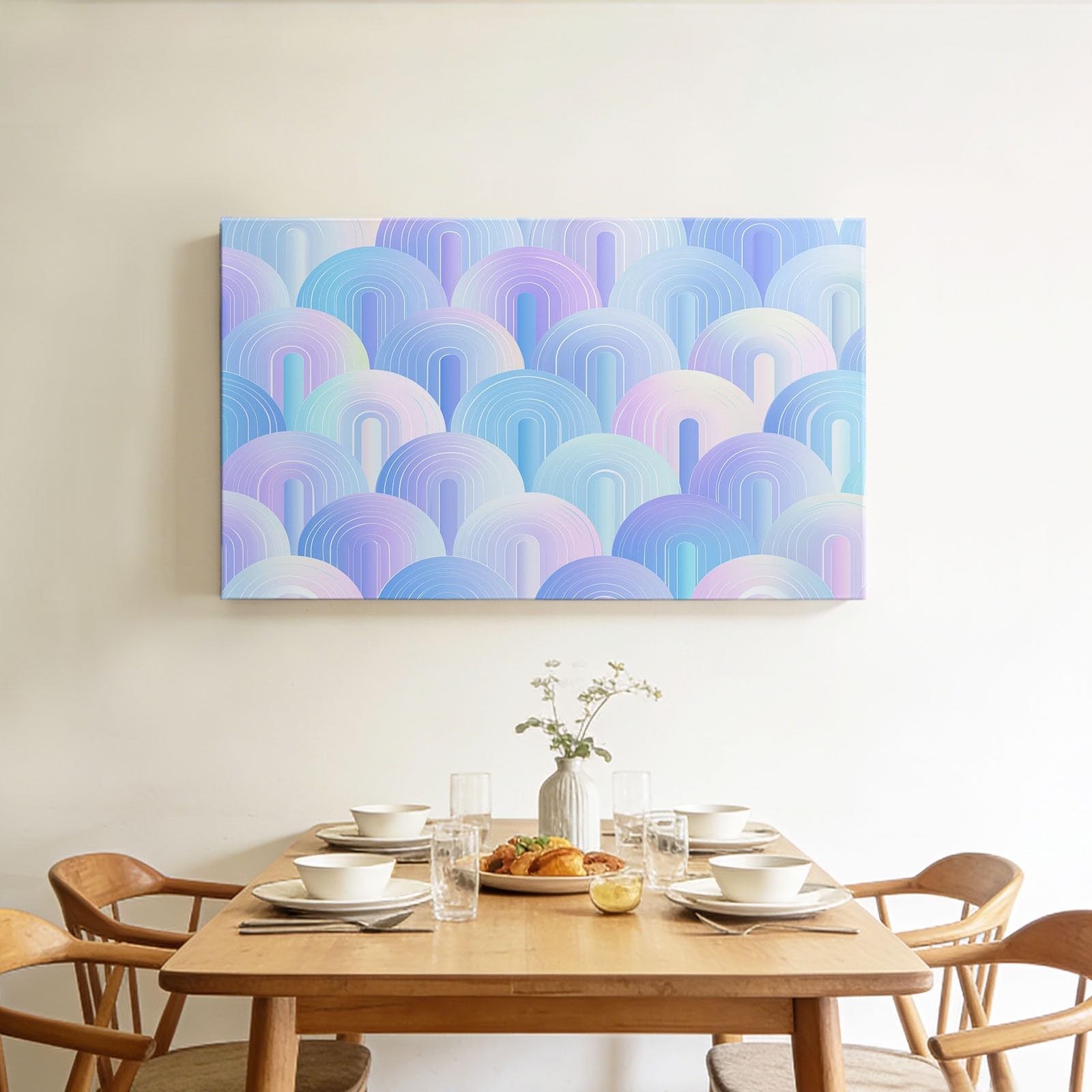 Träumerisch Regenbogen Geometrisch Streifen Modernes Leinwandbild 100L x 75B cm mit Rahmen, Art Déco XXL Wanddeko für Wohnzimmer Geschenk Idee Einzug - Hochwertiger Kunstdruck auf Holzrahmen