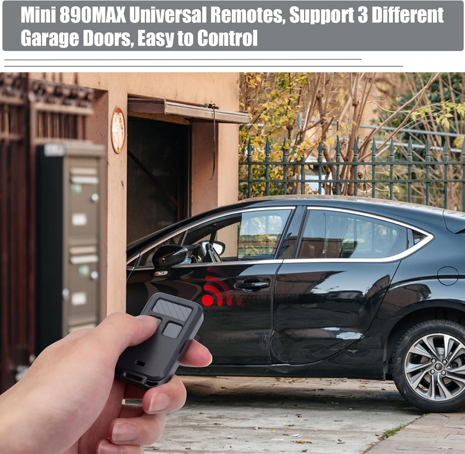 Hand holding the LAWOHO 890MAX remote, pointing towards a garage door opening