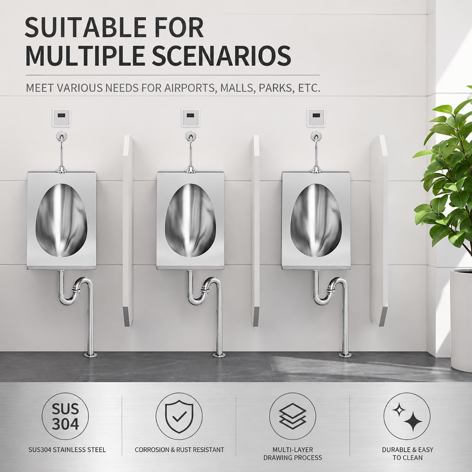 Urinario de Pared Acero Inoxidable 304 para Hombres con Descarga Automática por Sensor, Comercial para Baño, Hotel, Bar, Garaje y Espacios Exteriores(Concealed Sensor B,Wall Drainage)