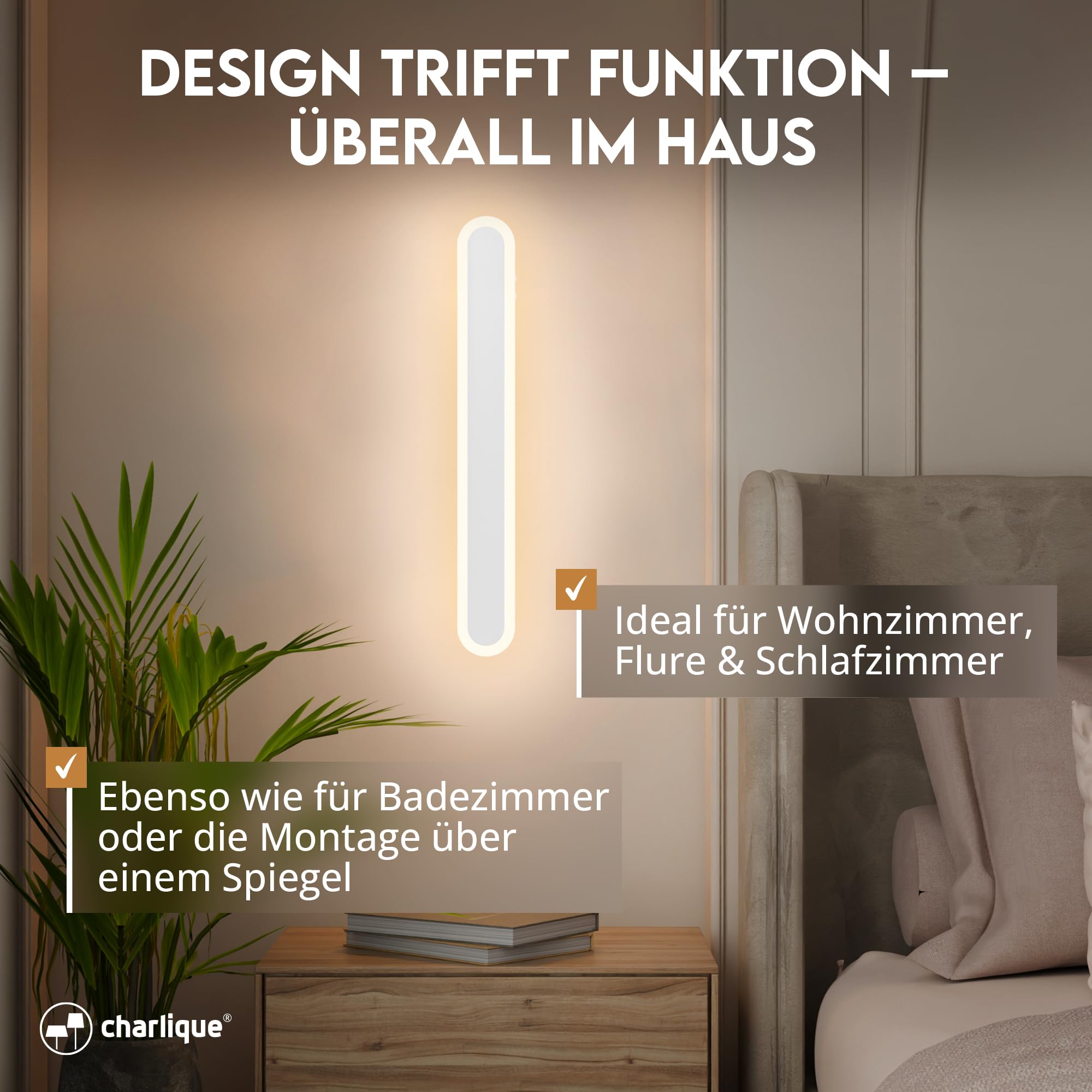 Aplique de pared LED para interiores - Pipe Light 60 cm, blanco, lámpara de pared delgada, lámpara de espejo para baño, iluminación de pared universal para baño, dormitorio, salón …