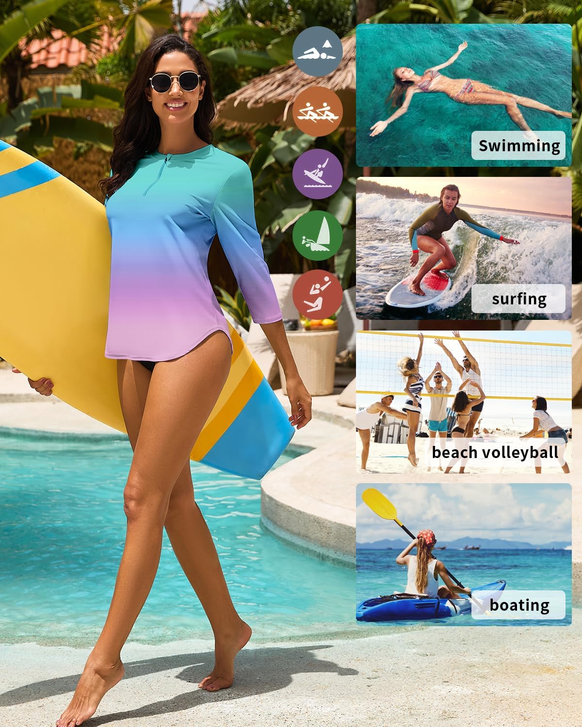 Soneven Women 3/4 Sleeve Rash Guard 1/4 Zip Swim Shirts UPF 50+ Sun Protection Swimsuit Top No Bottom - Image 6