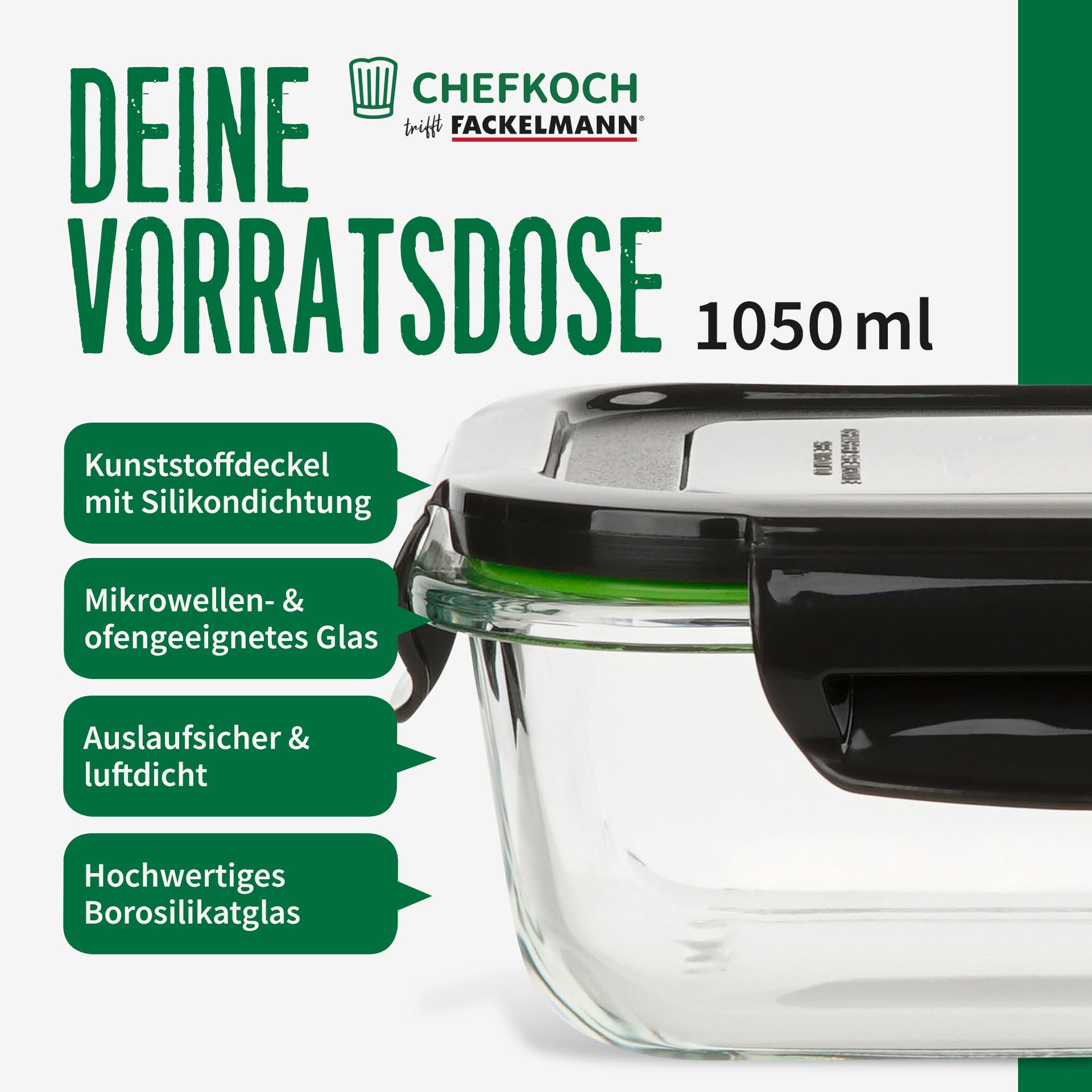 FACKELMANN Chefkoch 8er Set Vorratsdosen – Ideal für Mealprep – 1050ml Borosit-Glas mit Kunststoffdeckel – Mikrowellen- & ofengeeignet – Auslaufsicher und luftdicht