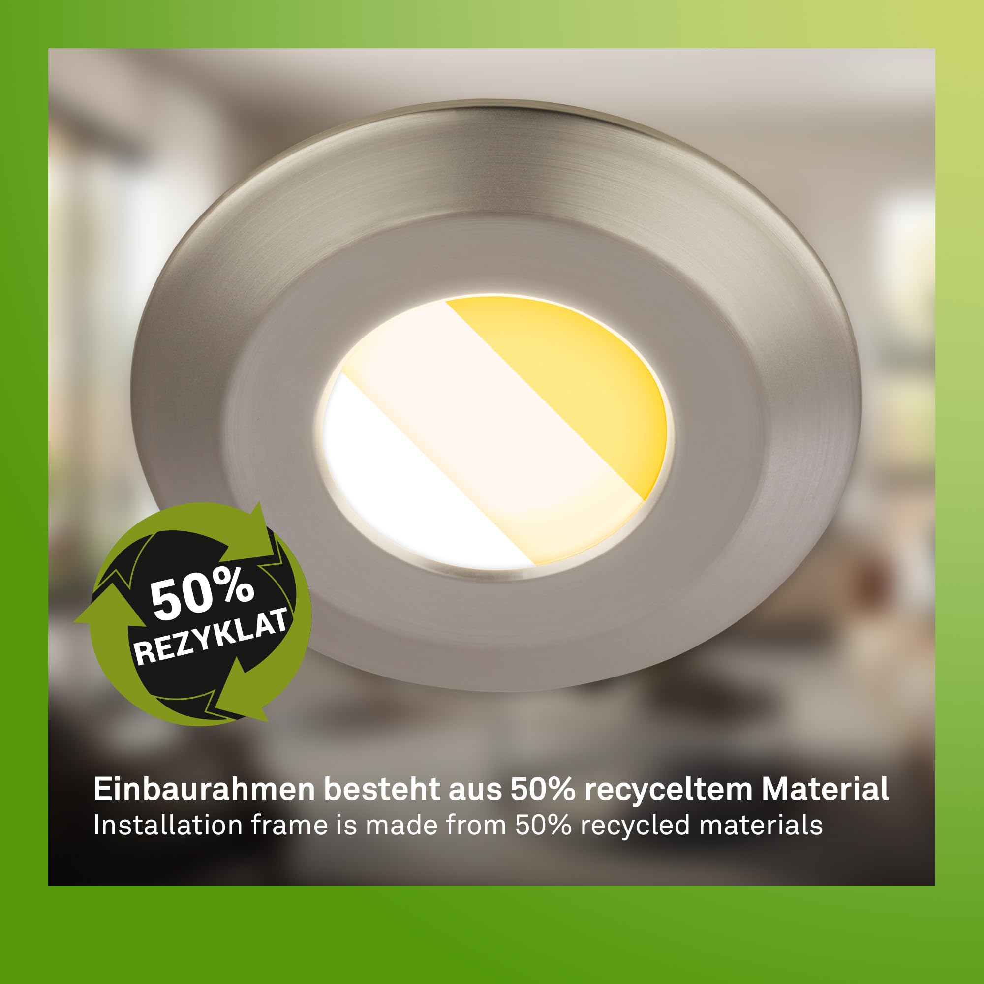 BRILONER - 6er Set LED Bad Einbaustrahler 230V Gehäuse 50% recycelt, Farbtemperaturwechsel, Dimmbar, IP44, Ra90, LED Spot, flach, Decke, Einbauleuchten, Badezimmer, 68mm, 90x30mm (DxH), Matt-Nickel