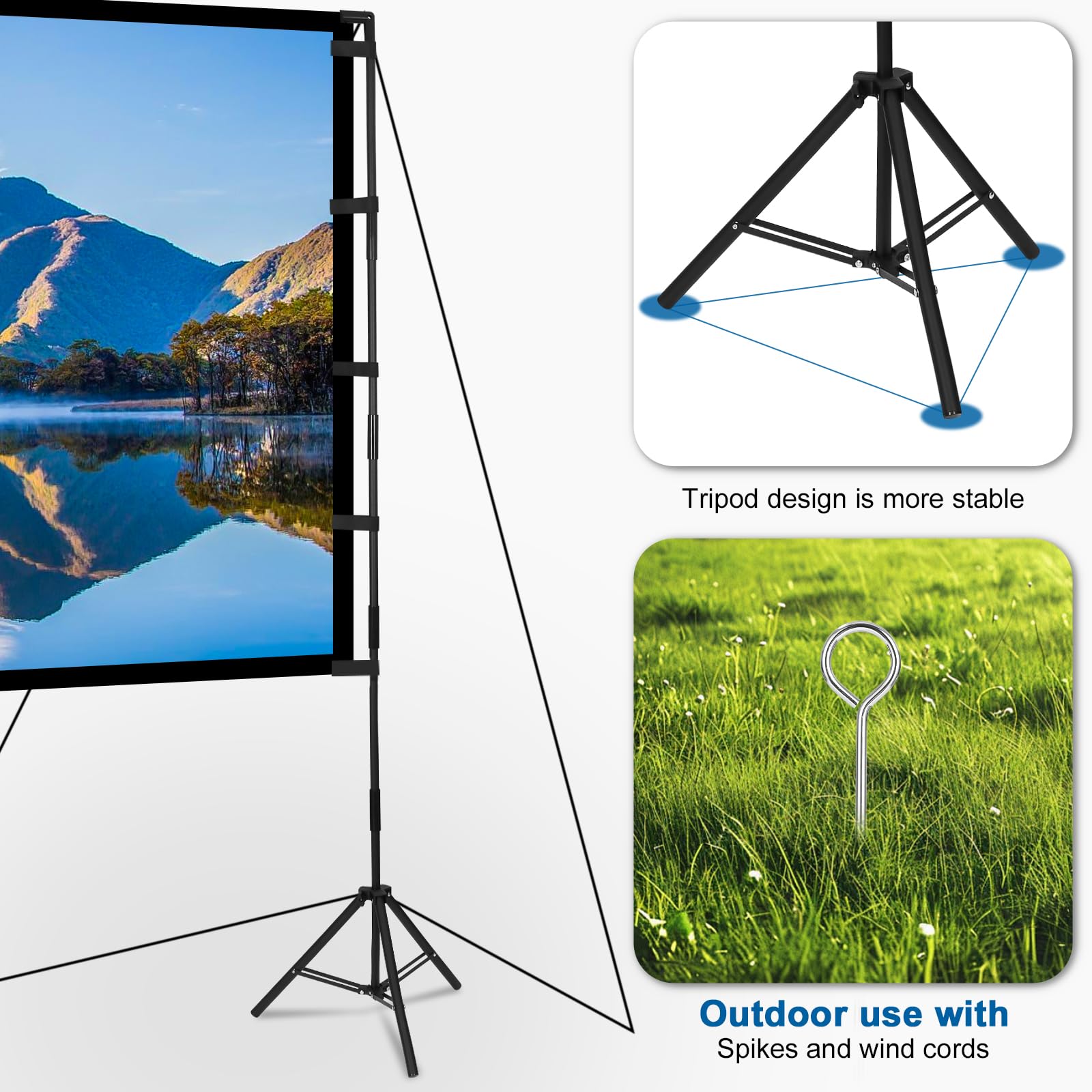 Beamer Leinwand mit Stativ, 120 Zoll Projektor Leinwand Tragbare Outdoor Kino, Faltenfrei 16:9 HD Rear Front Garten Projektion mit Tragetasche für Camping Home Party Theater Nächte