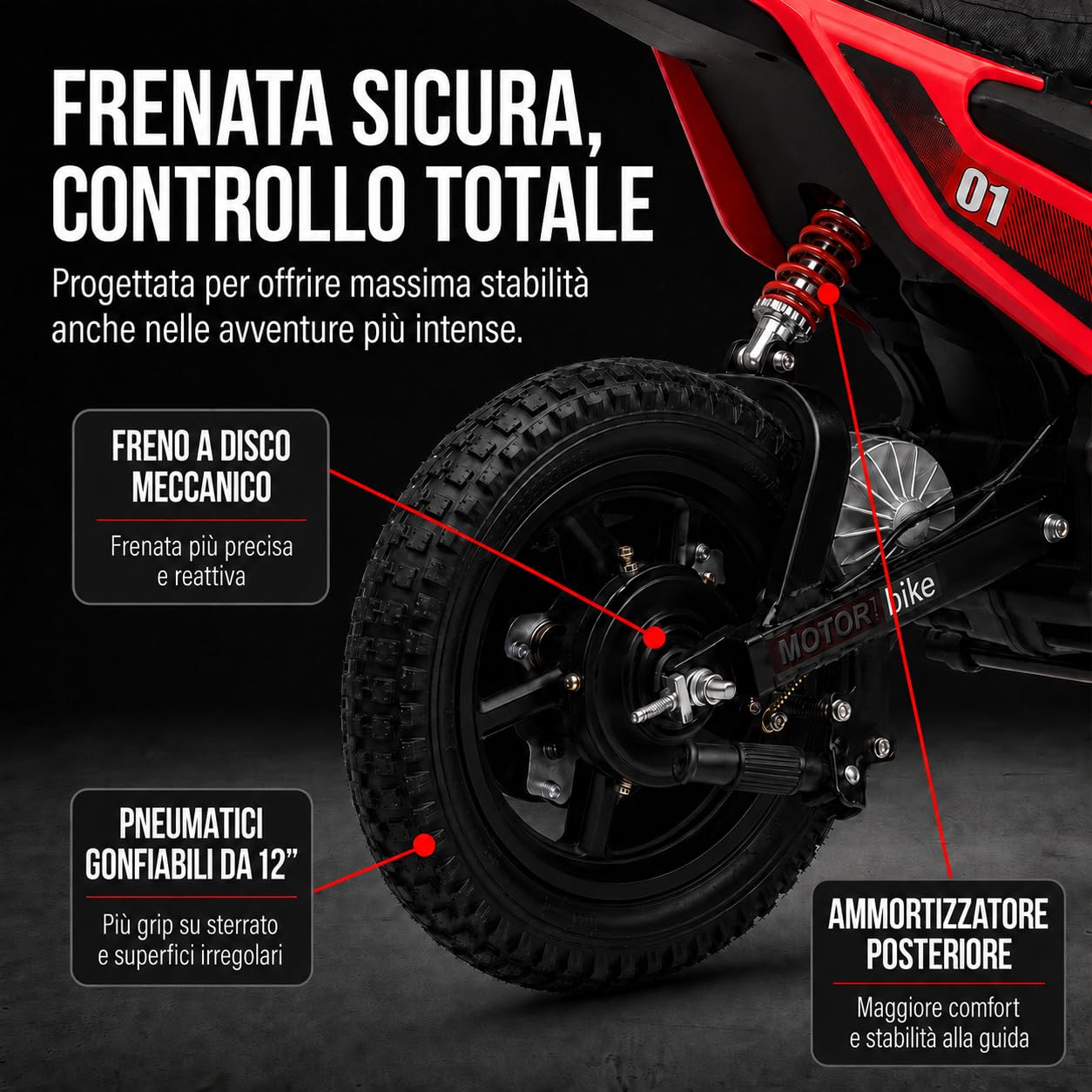 TOYSCAR Moto Elettrica per Bambini 24V 10Ah Thunder Pro Motore 350W, Minimoto Elettrica Moto Cross Elettrica, Pit Bike Elettrica, Ruote Gonfiabili 12" Freno a Disco, Sedile in Pelle, 5-10 Anni (Rosso)