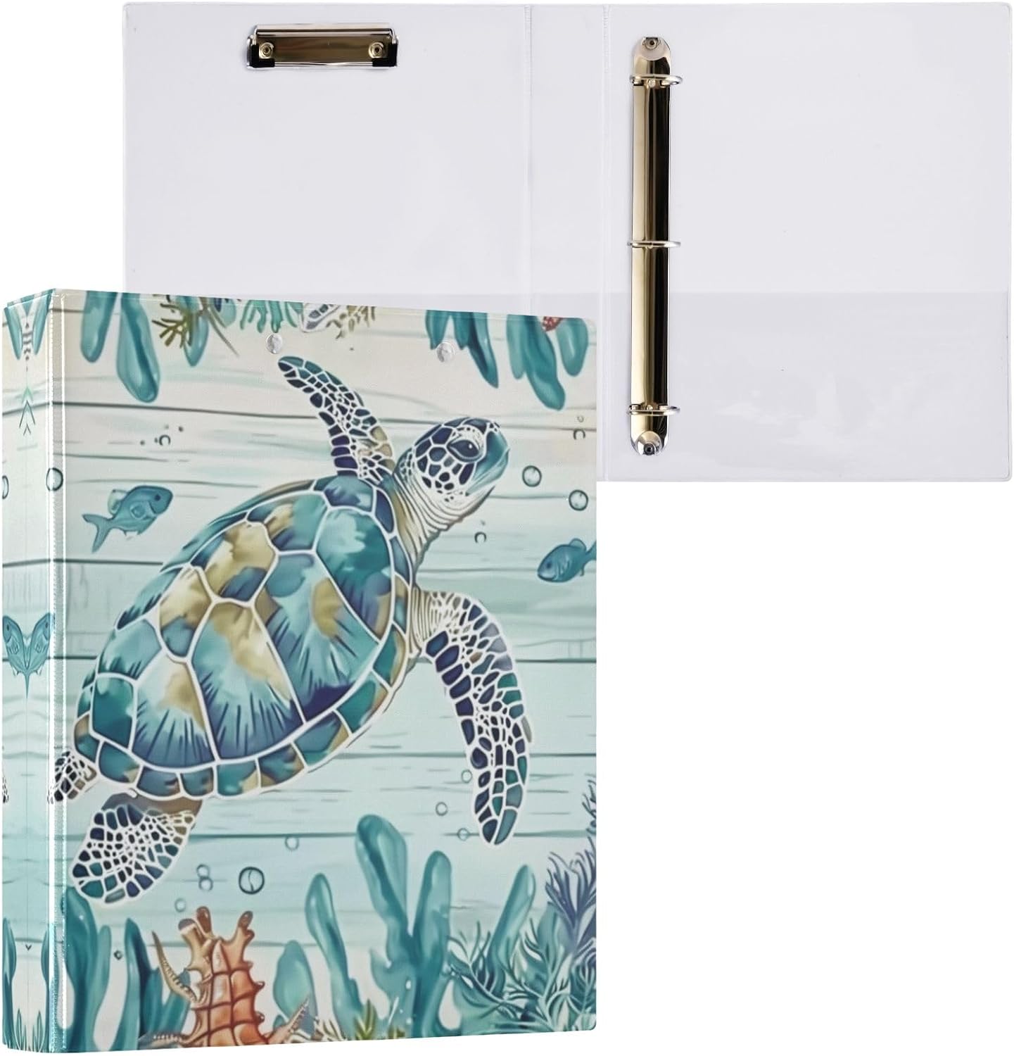Swimming Sea Turtle Pattern 3 Ring Binder, 1.5 Inch Round Ring Binder Holds 200 Sheets with 3 Interior PVC Clear Pockets for School Office
