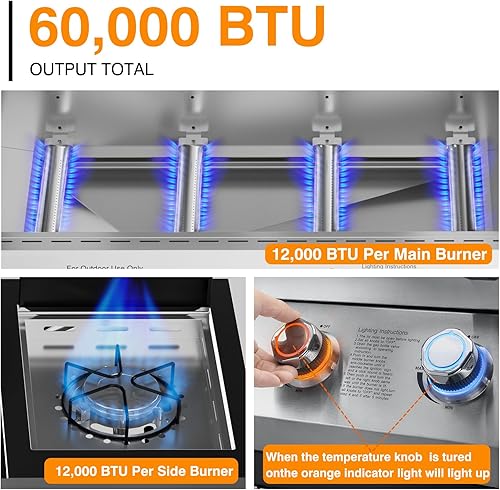 Miniatura 7 de Parrilla de gas propano de 4 quemadores LED con quemador lateral y vidrio visual, parrilla de gas de acero inoxidable con rejillas de hierro fundido