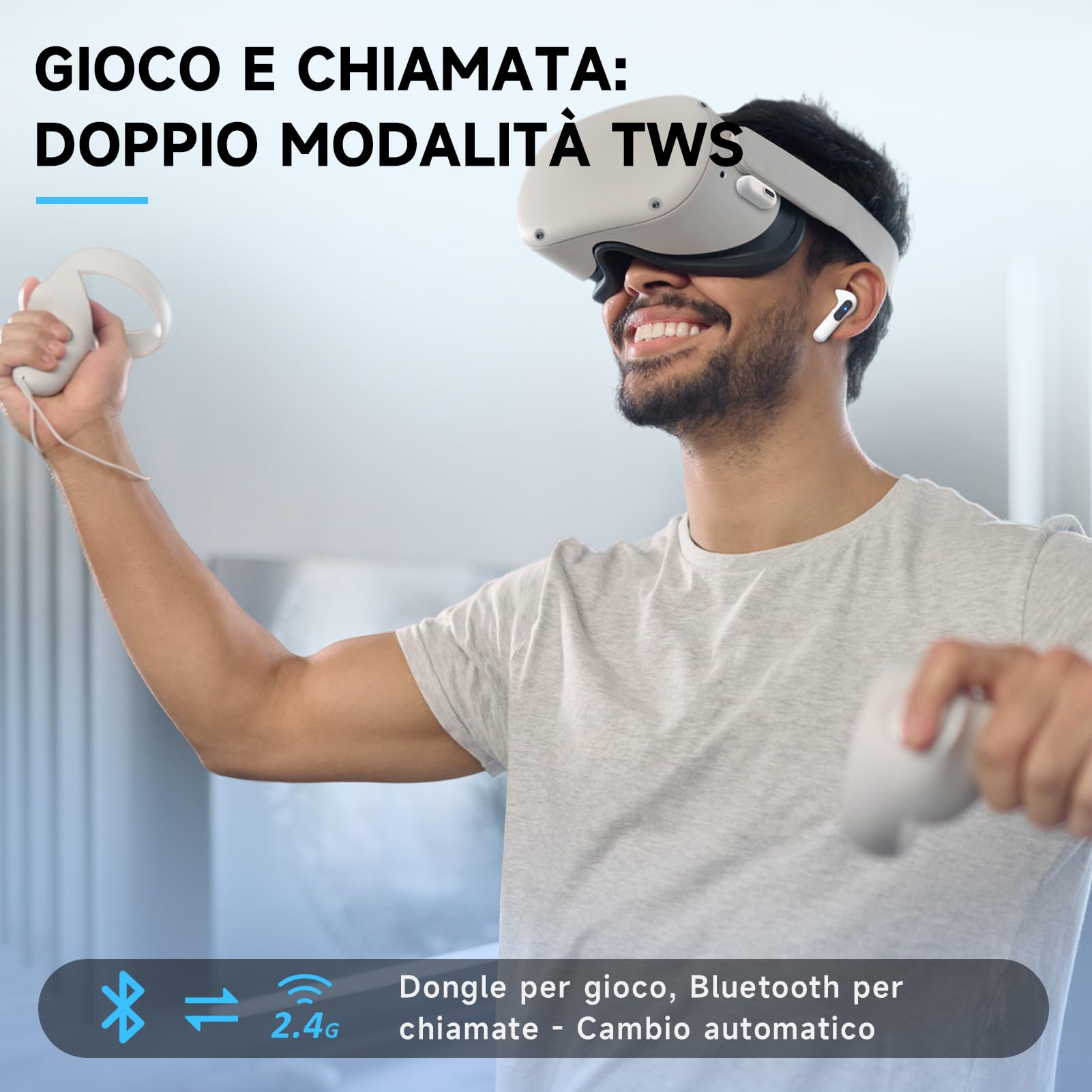 Bluetooth 5.3 Gaming Earbuds 2.4 GHz USB C & A in-Ear Headset for PS5/PC/VR/Switch ENC Mic 20ms 36h Touch Control bianco