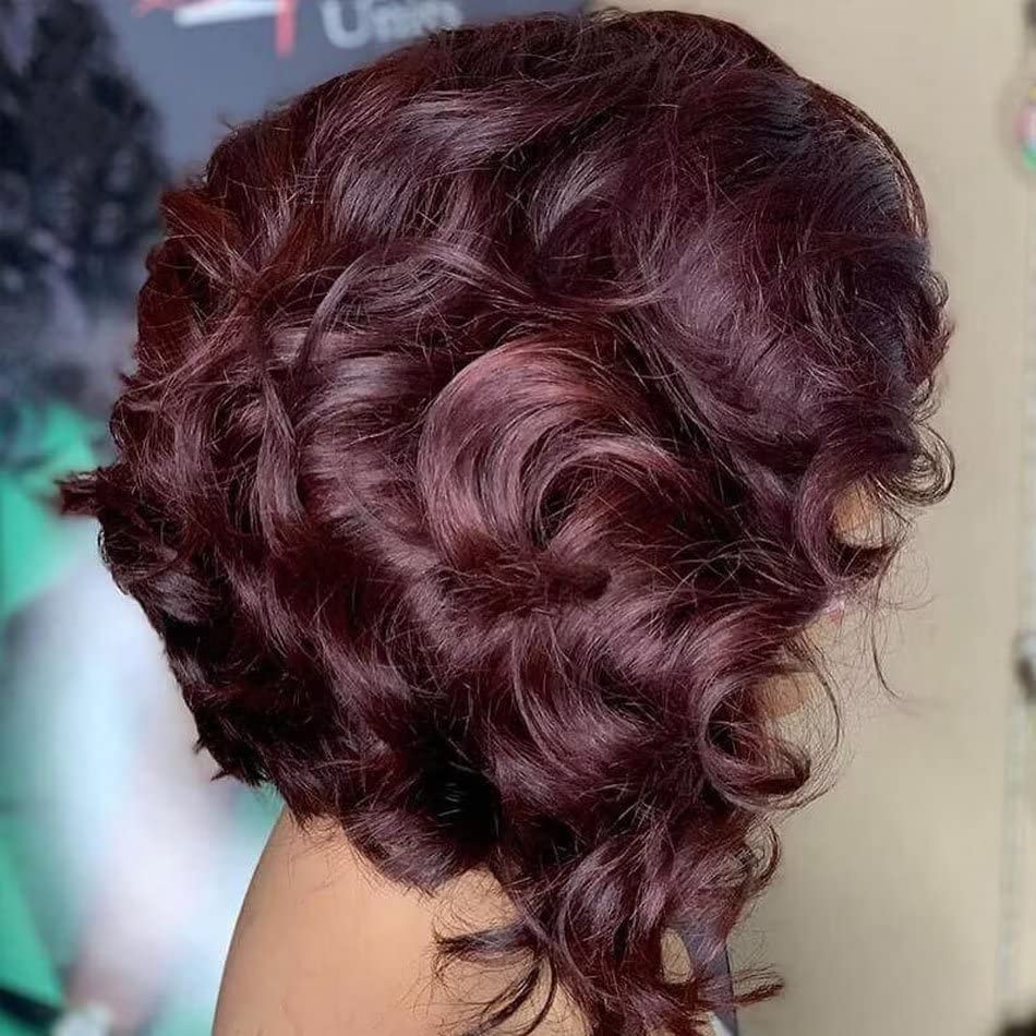 Miniatura 2 de Pelucas de cabello humano ondulado corto con encaje frontal, pelucas de cabello humano ondulado color burdeos de 13 x 4 con encaje de cristal HD