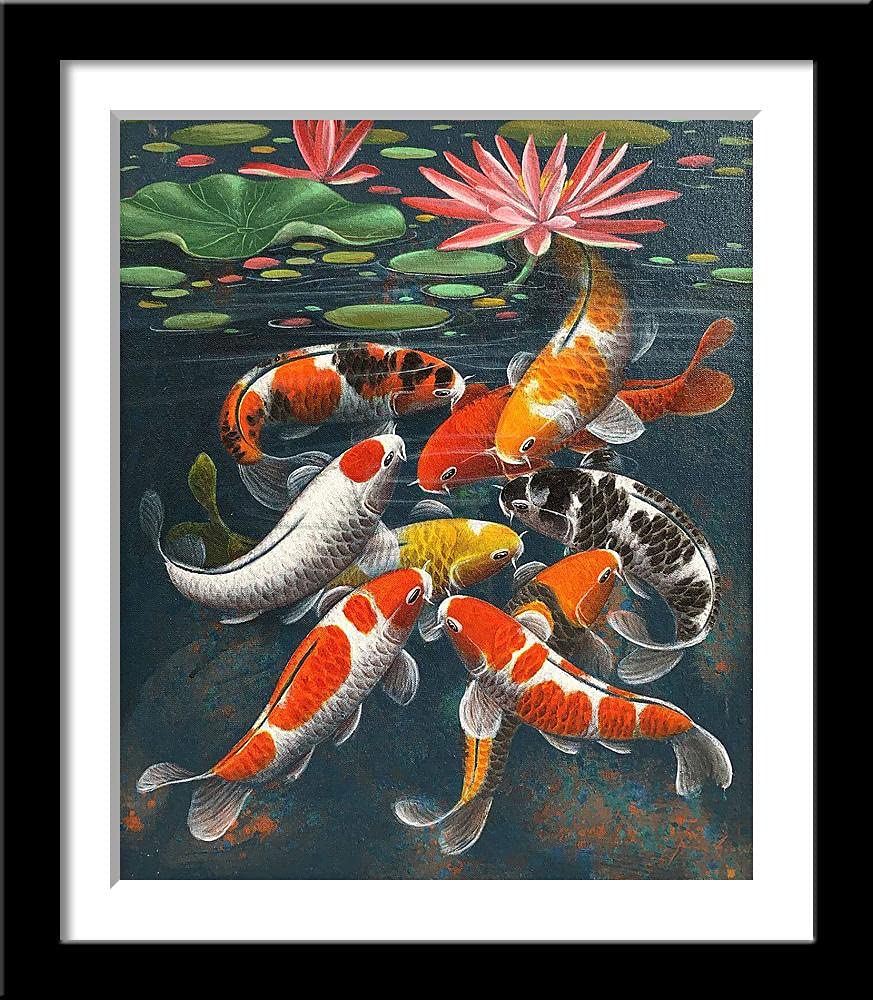 Tallenge - Feng Shui Art - Nine Koi Fish With Lotus - Prosperity And Family Strength - Feng Shui Painting - Small Framed Poster(Paper, 12x17 inches, MultiColour)