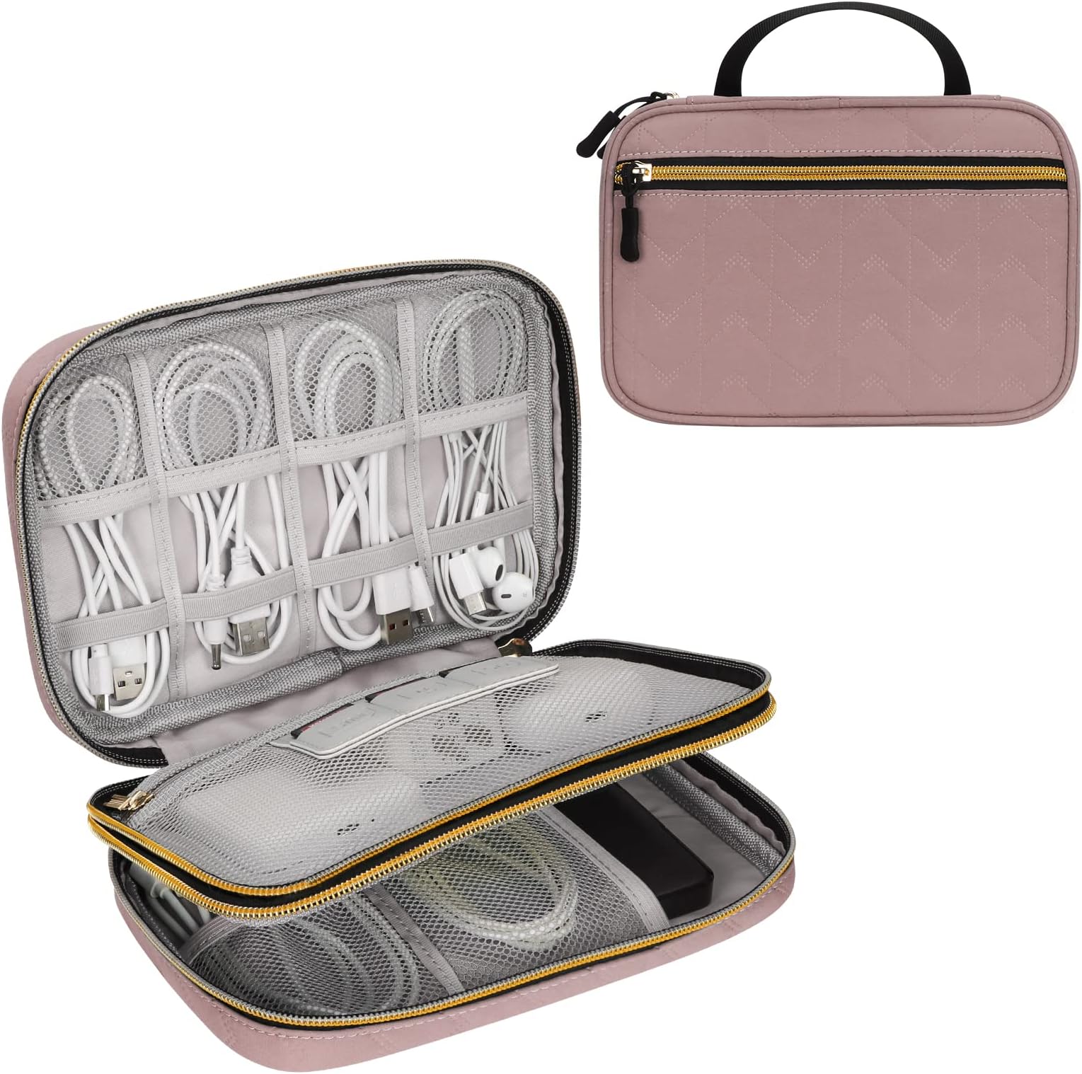 FYY Electronics Accessories Organiser Bag, Travel Accessories Organiser Bag Portable Carry Case Waterproof Double Layer All-in-One Storage Bag for Cable, Cord, Charger, Phone, Hard Drive L-Pink