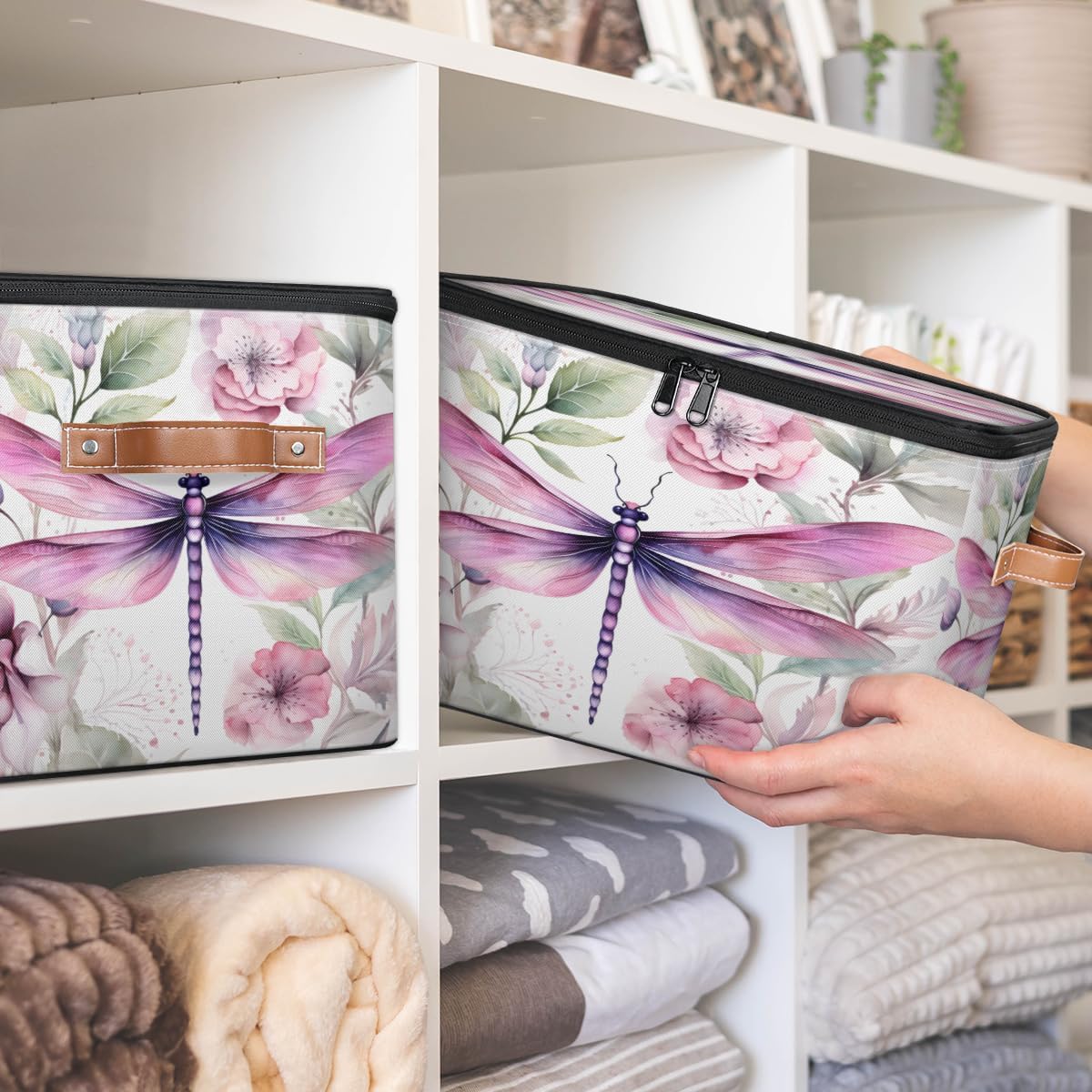 Storage Bin Set of 2 Drangonfly Leaf Storage Basket with Zipper Lid & Handle Foldable Closet Shelf 2 Pack Cloth Organizer Basket Cube Bins Clothes Organizer for Bedroom, Nursery
