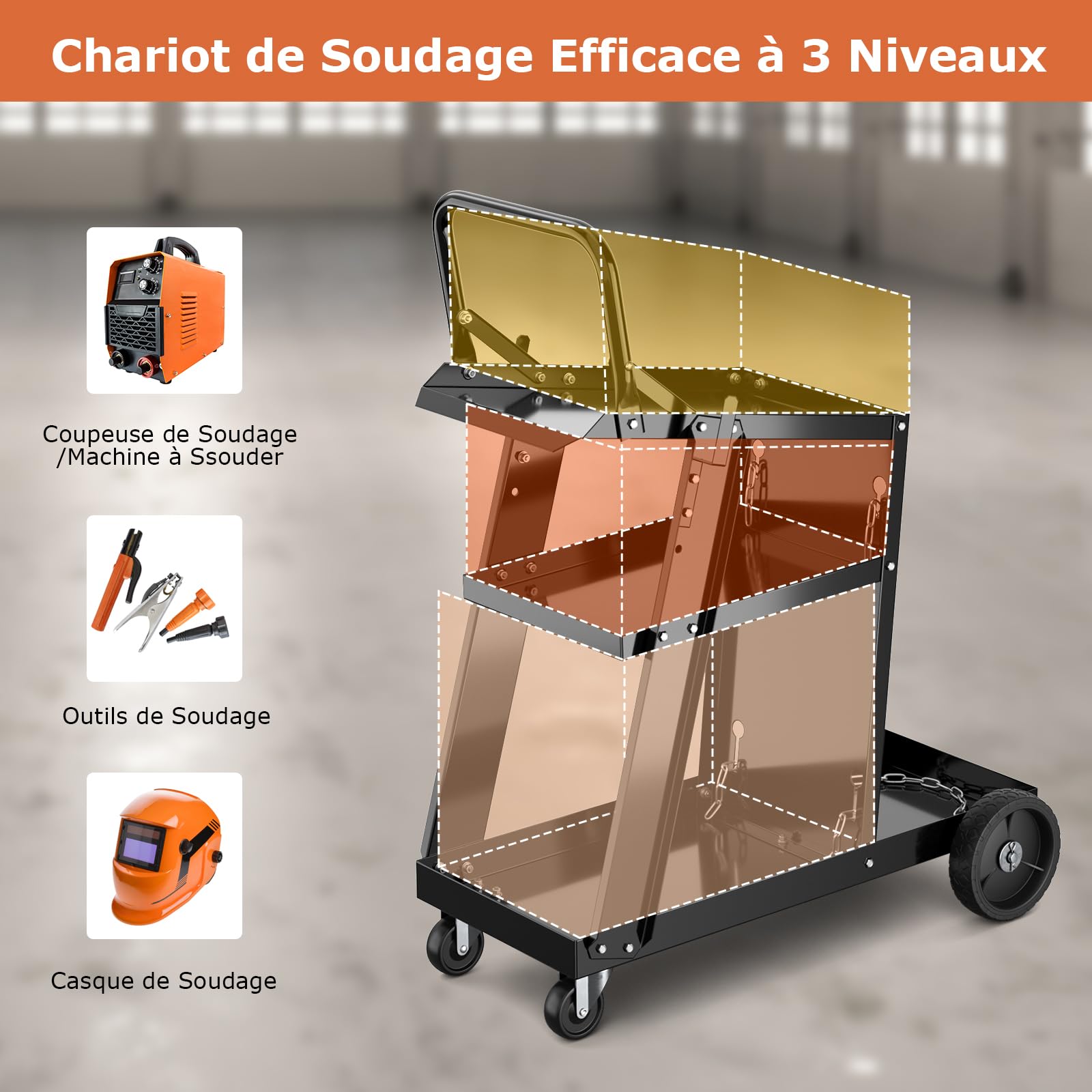 GOPLUS Servante d’Atelier à 3 Niveaux avec 2 Chaîne de Sécurité, Roue Pivotante 360°, Chariot de Soudage Robuste avec 2 Crochets Latéraux, Charge de 50 kg, pour Machine de Soudure et Découpeur Plasma