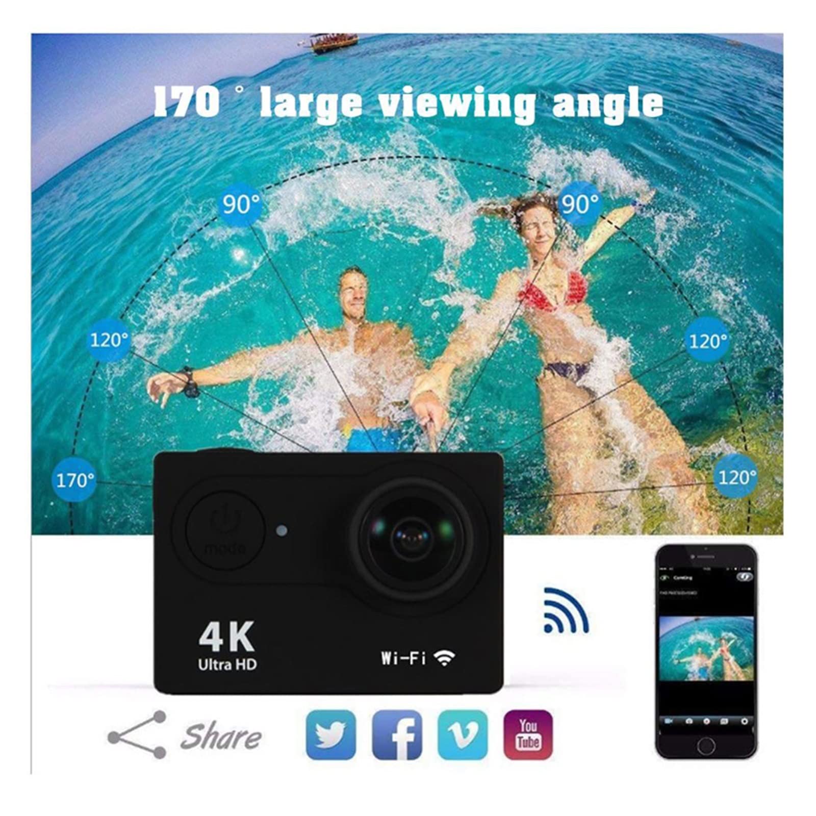 Kamera akcji, Ultra HD 4K/30fps Zewnętrzna mini kamera akcji Pilot Kamera sportowa Wodoodporna kamera sportowa Pro Moto Kask Płynna stabilizacja(32G Card,Nero)