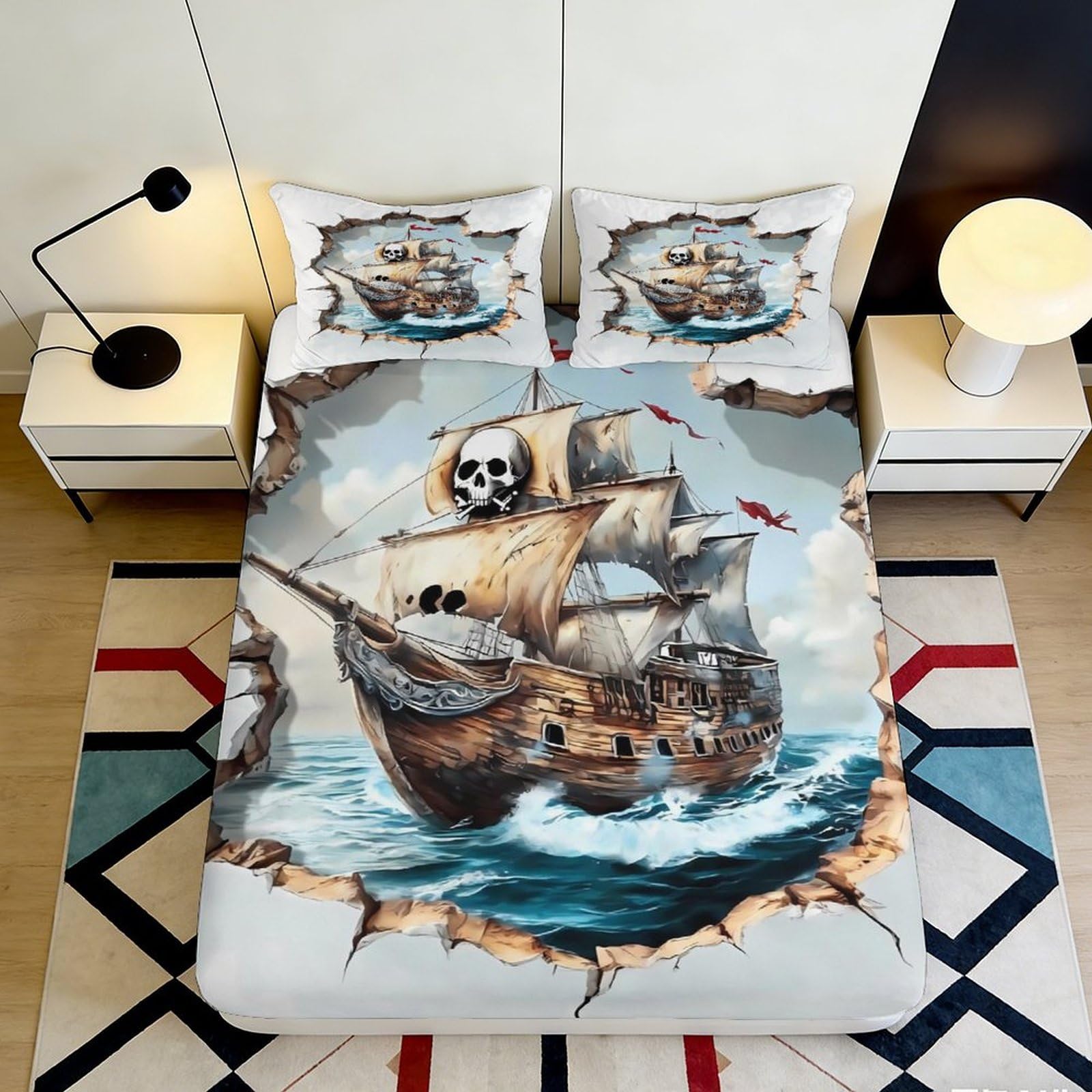 3D Printed Pirate Ship Fitted Sheet Microfiber Durable Breathable Skull Sailboat Bed Cover for Bedroom Dormitory Guest Room Mattress Protection Decor 180x200x25cm