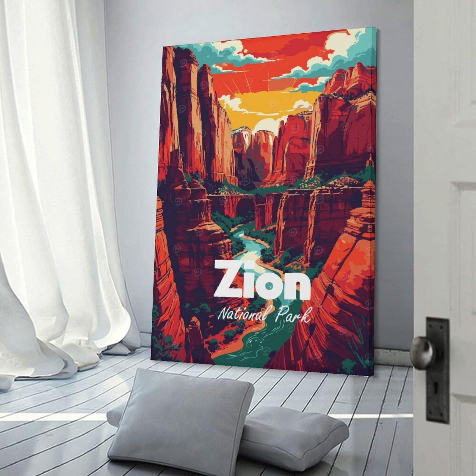 Junmoney Canvas Wall Decor Zion National Park Illustration, 16x24inch(40x60cm), for Restful Interiors, Bedrooms Or Small Rooms, Canvas Wall Decor for Personal Spaces