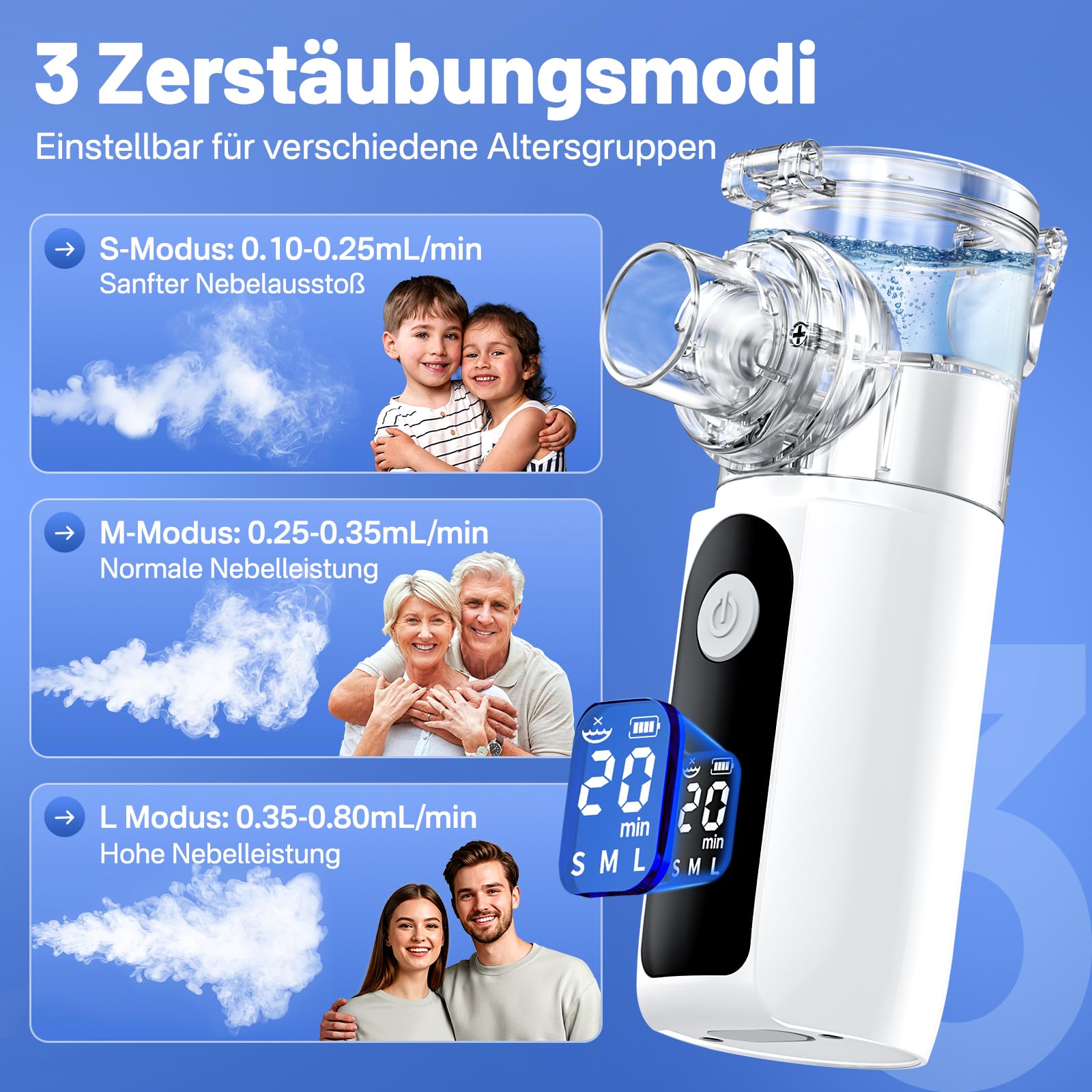 aerosol portatile silenzioso, Ultrasuoni macchina aerosol adulti e Bambini con 2 Maschere e Boccaglio, Aerosol Bambini Portatile per Viaggi e Uso Domestico