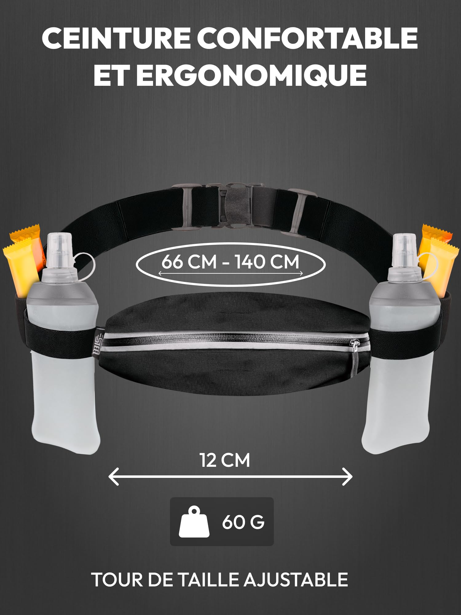 Cinturón Running Running Running – Rendimiento, Práctica y Confort, Bolsa Banana Sport Belt Botella Flexible Porta Bidón Bolsillo Impermeable Hombre Mujer para Smartphone Jogging Marca Francesa, Negro
