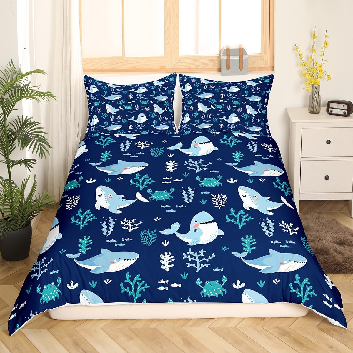 Cute Shark Duvet Cover Set Full Size,Seaweed Crab Bedding Set 3pcs for Kids Teens Adult Room Decor, Ocean Sea Animals Comforter Cover Navy Blue Quilt Cover with 2 Pillowcases