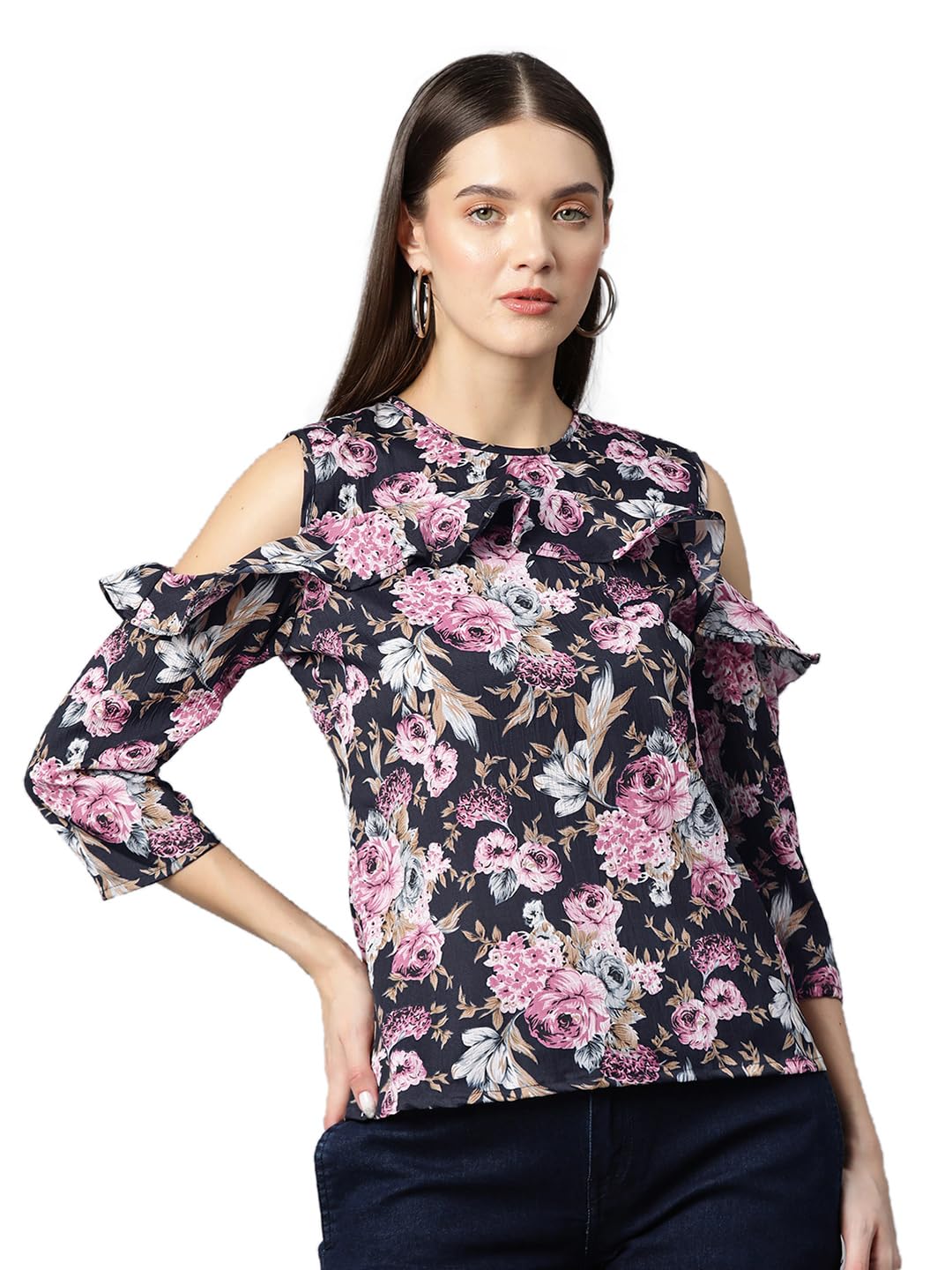 ives Women's Blue Floral Printed Top Regular Fit 3/4 Sleeve Regular Top for Women Stylish and Trendy for Casual Formal & Festive Occasion Top-picture-19