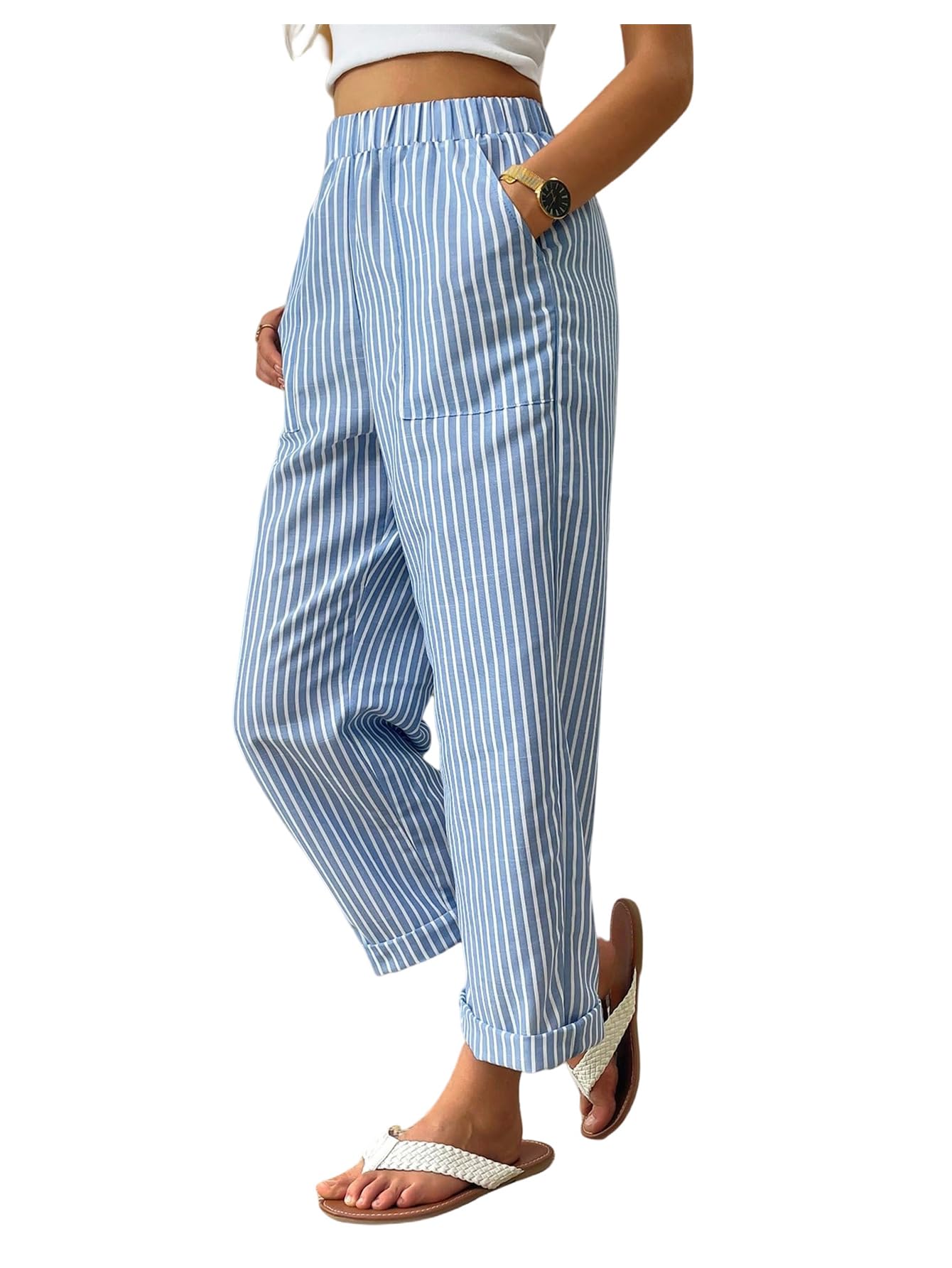 Womens Straight Leg Striped Pants Elastic Waist Vacation Cropped Trousers with Pockets