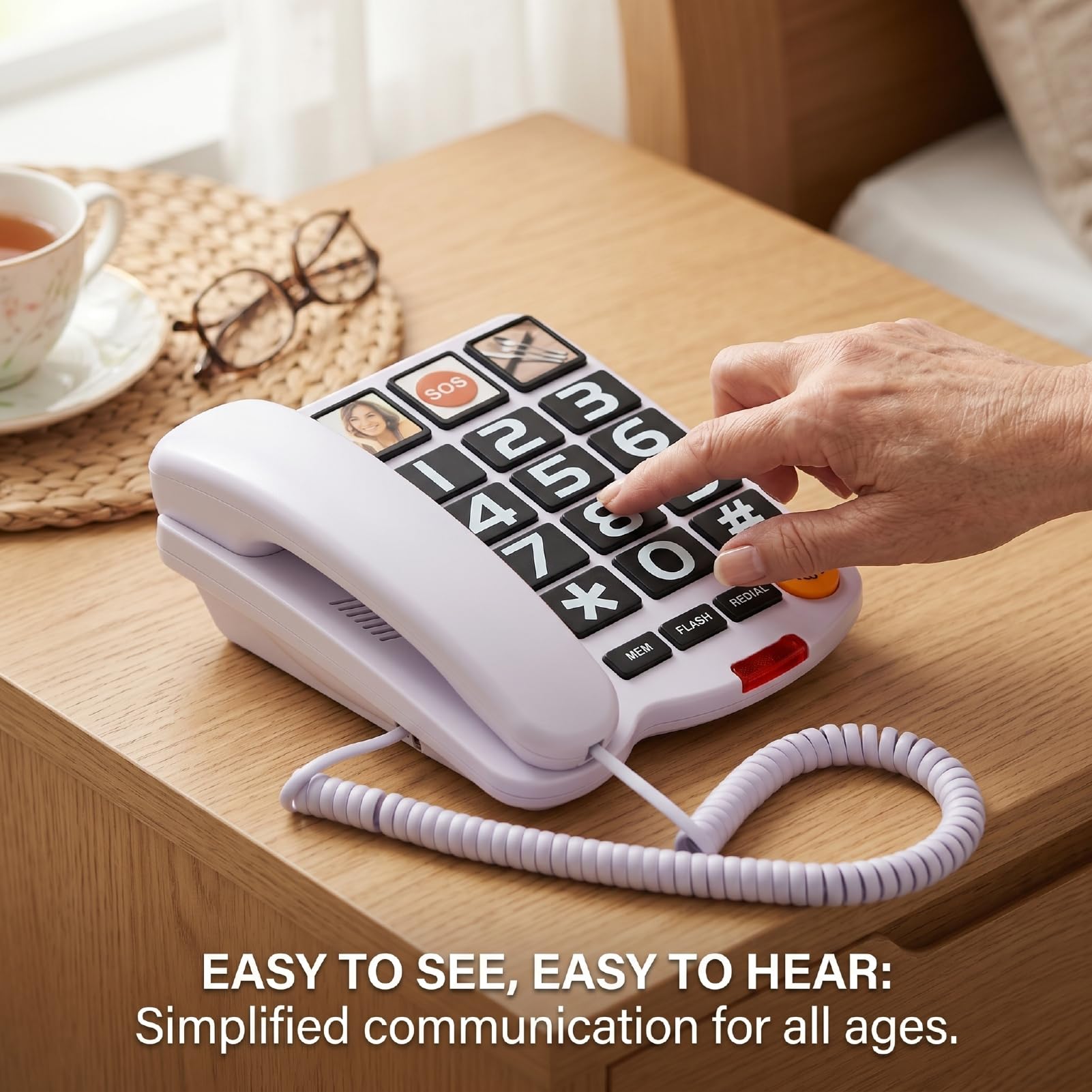 Telefono fisso con tasti grandi per anziani, nero o bianco (WHITE) | Telefono fisso extra potente da 110 dB, con 3 funzioni di chiamata rapida tramite foto e vivavoce.