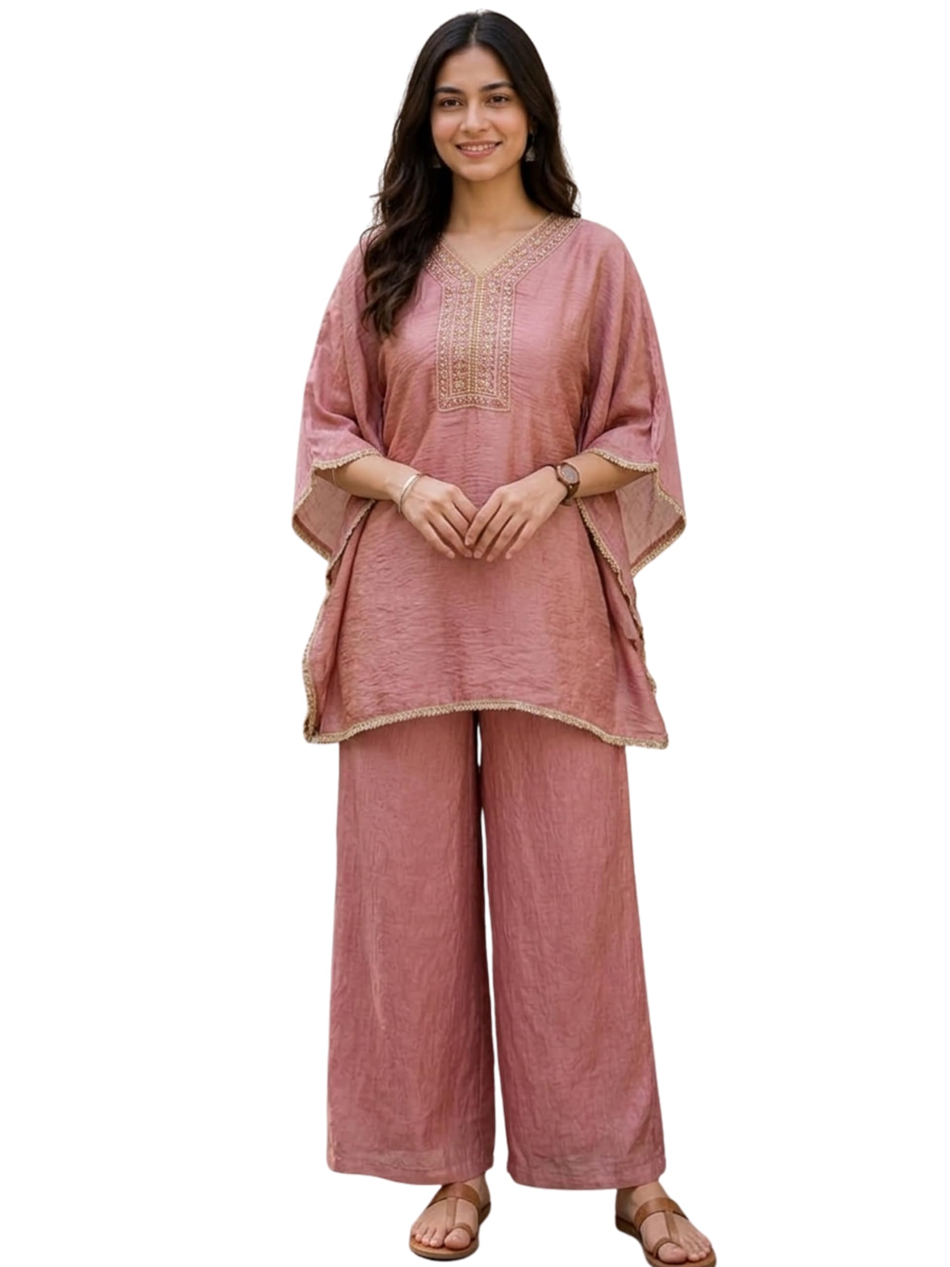 MOKOSH Women's Silk Kaftan Palazzo with Spagatti Blouse | Embroidered Kurta | 3 Piece Suit | V Neck 3/4 Sleeve | Hand Work-picture-15