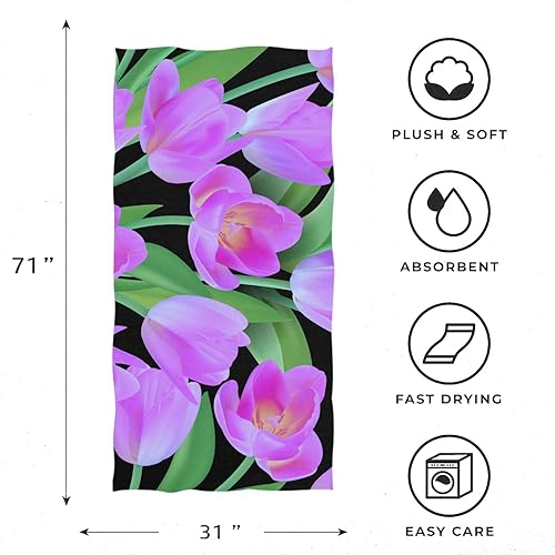 Miniatura 4 de OTVEE Toalla de playa de tulipanes morados, de gran tamaño, 31 x 71 pulgadas, toalla de piscina extragrande, ligera, suave, absorbente, sin arena,