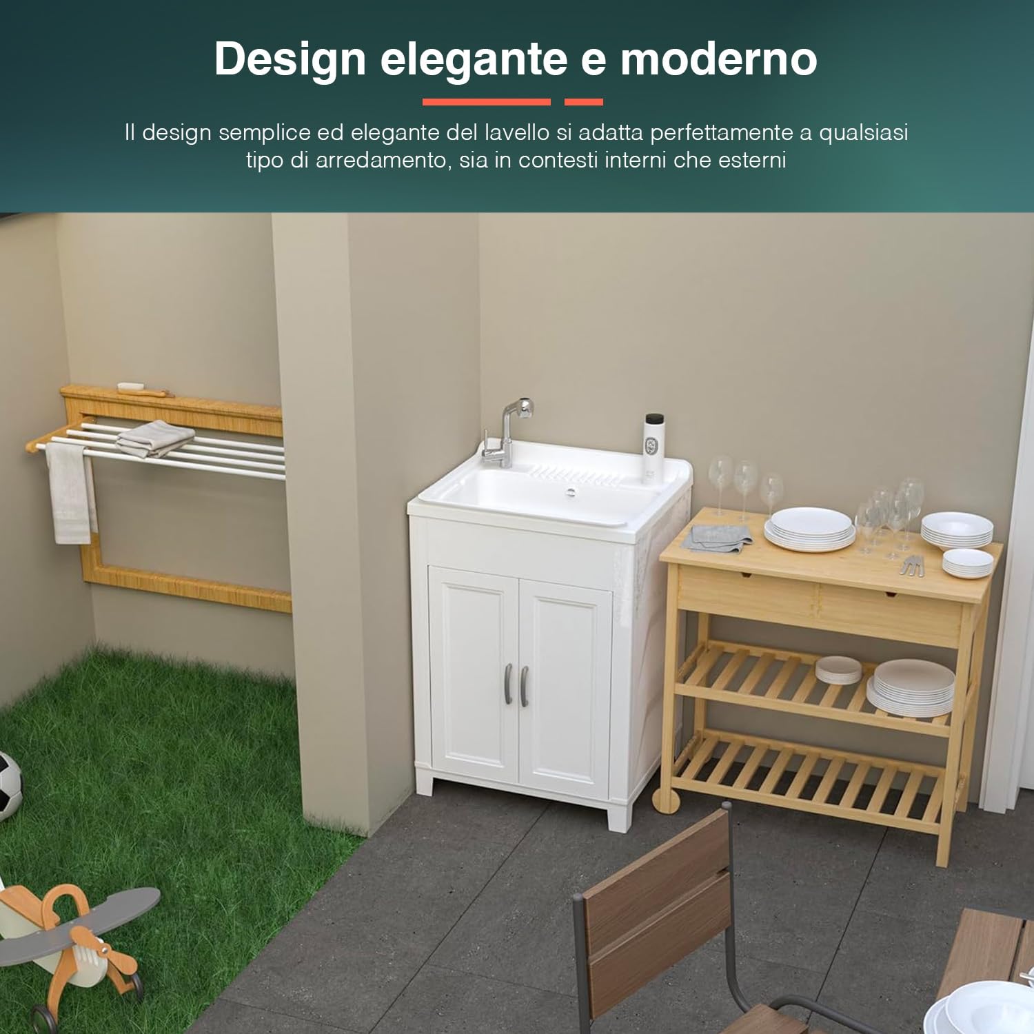 Avilia Lavadero para lavar a mano – Lavabo de doble puerta, con kit de sifones, para uso interior y exterior, de resina, 60 x 50 cm, blanco
