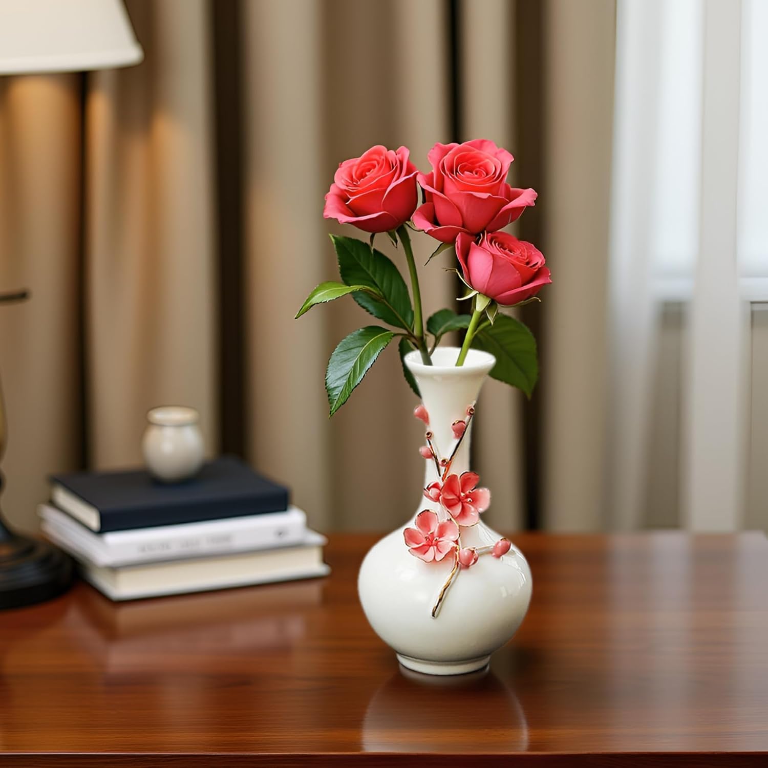 MTME Porcelain vase with Flowers, Plum Blossom, Memorabilia, Wedding Gifts, Aesthetic Sculpture Home décor (Red)
