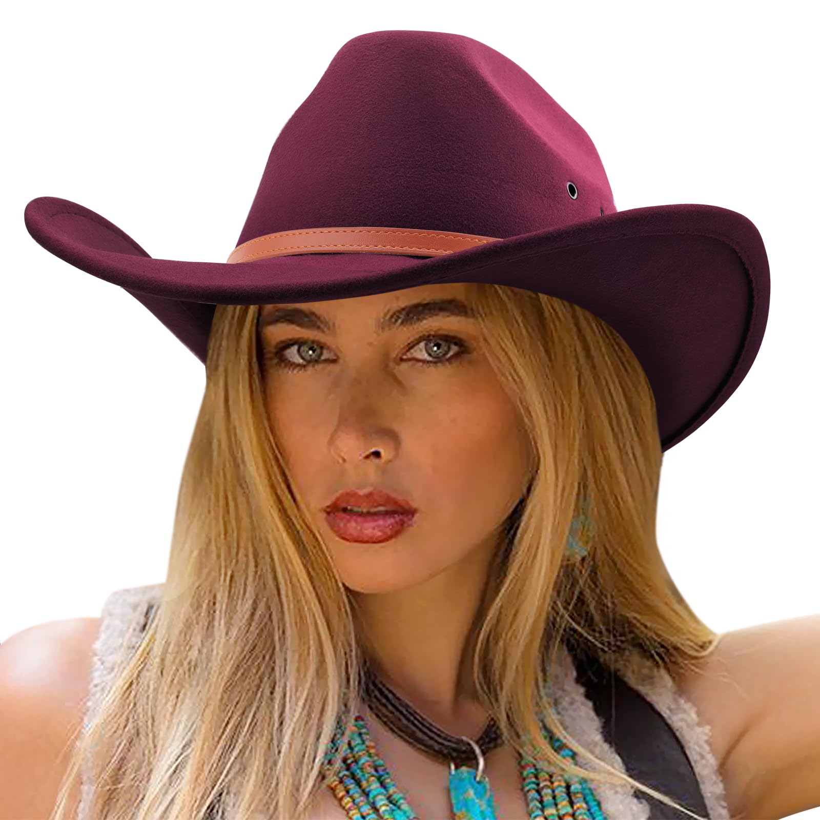 DRESHOW Cowboy Hat for Women and Men Cattleman Western Retro Fedora Felt Cowgirl Hats Outdoor Wide Brim with Buckle Belt Unisex Rolled up Caps