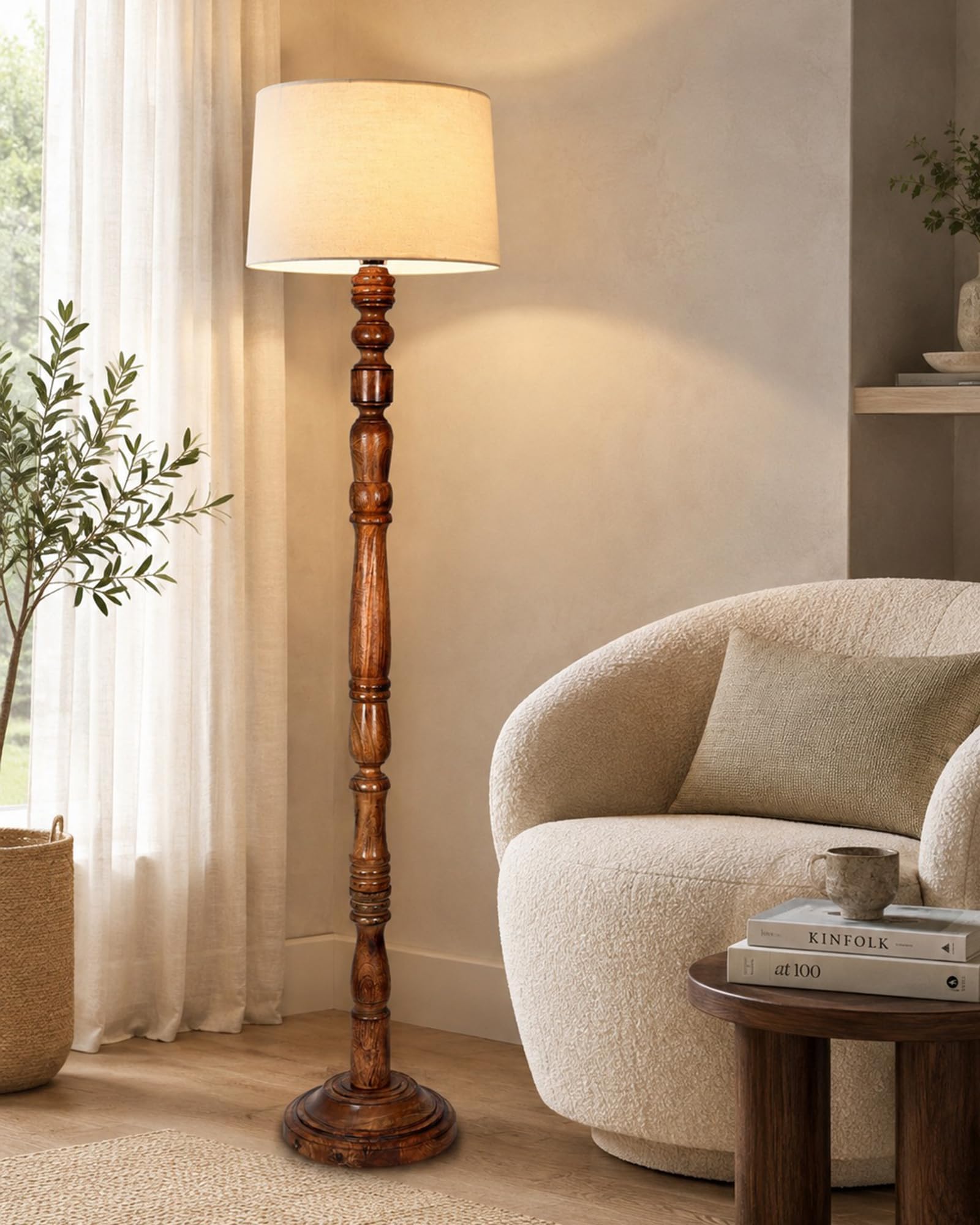 Homesake® Rustic Wood Floor Lamp for Living Room Walnut Brown with Multicolor Fabric Lamp Shade | Light Decoration for Home Side Lamp for Living Room | Antique Floor Light, Candlestick, Off-White